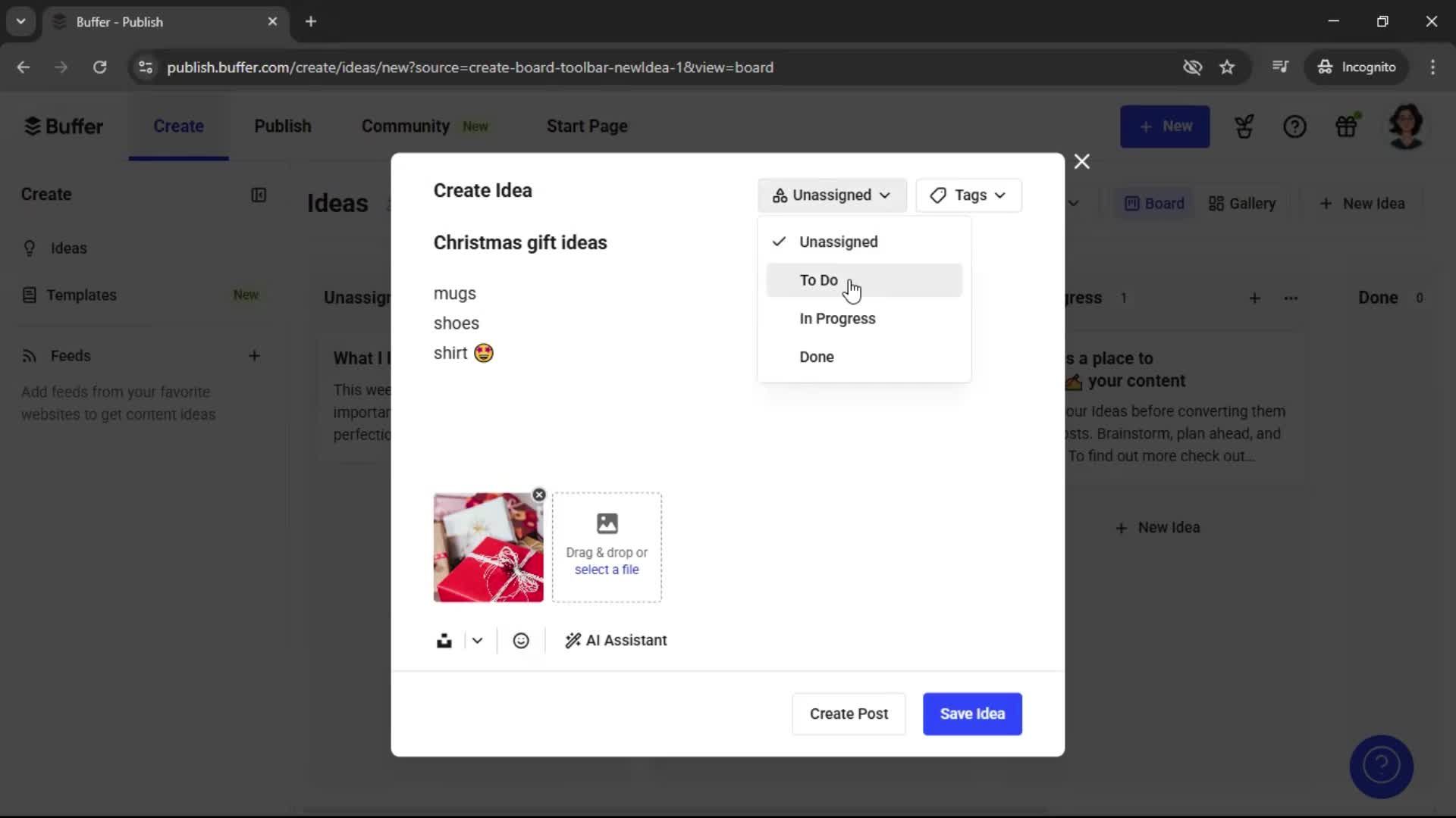 Creating a new idea screenshot