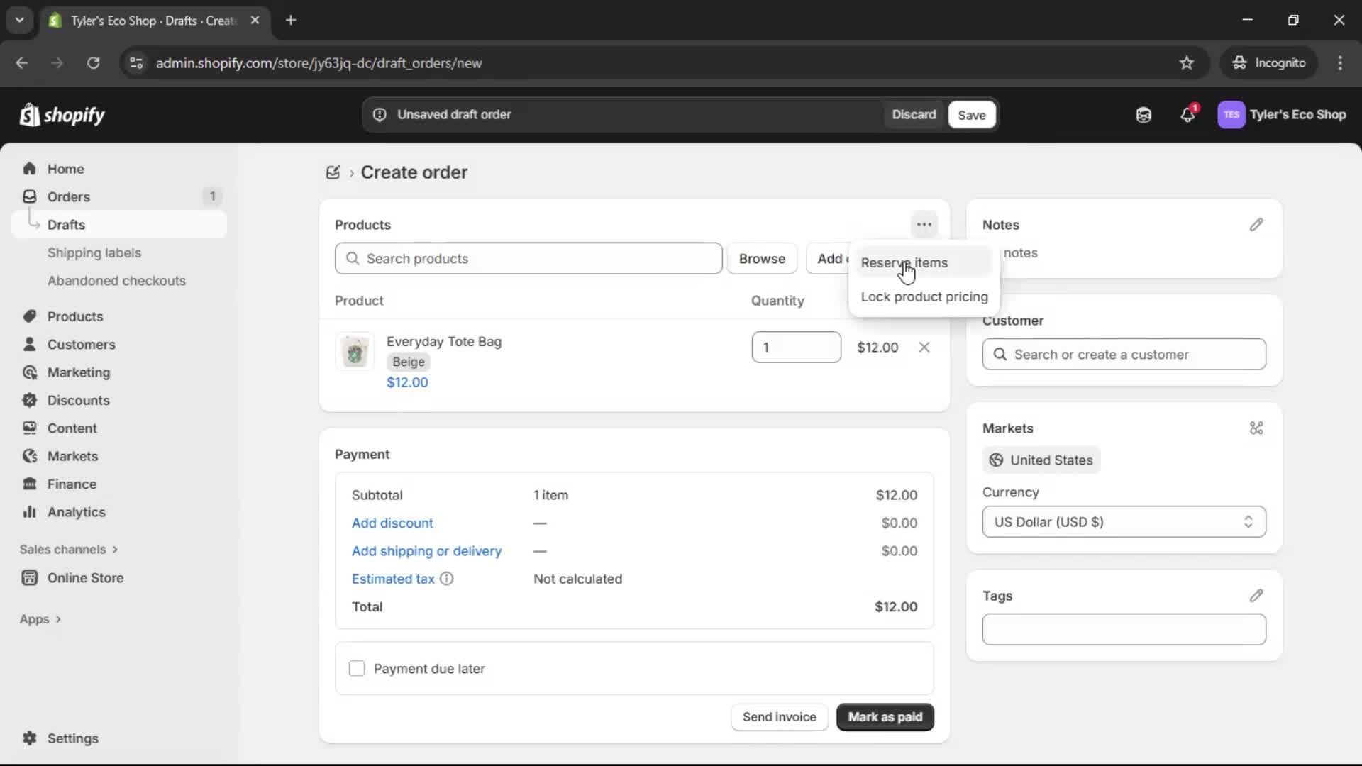 Creating a purchase order screenshot