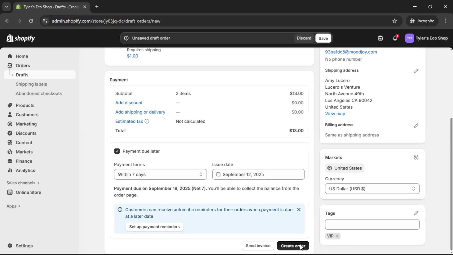 Creating a purchase order screenshot