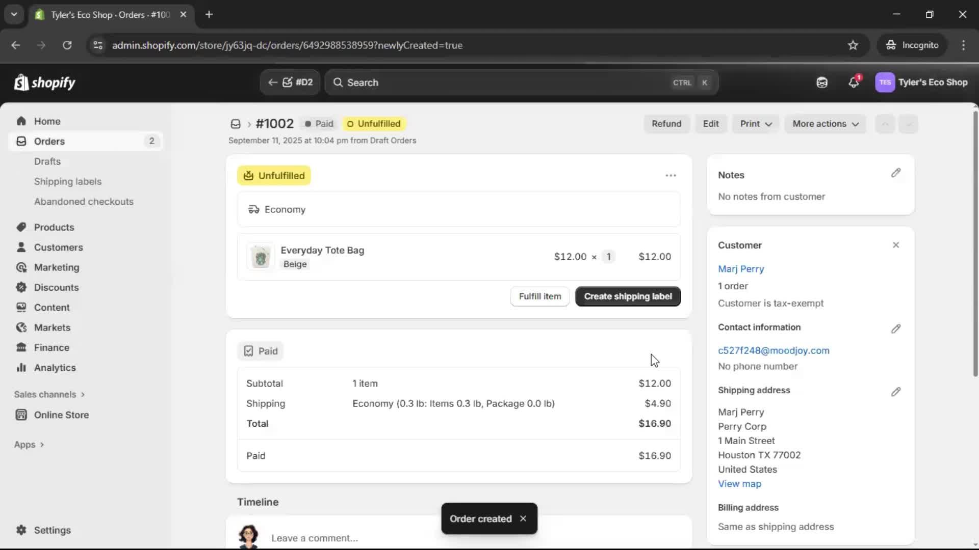 Creating a purchase order screenshot