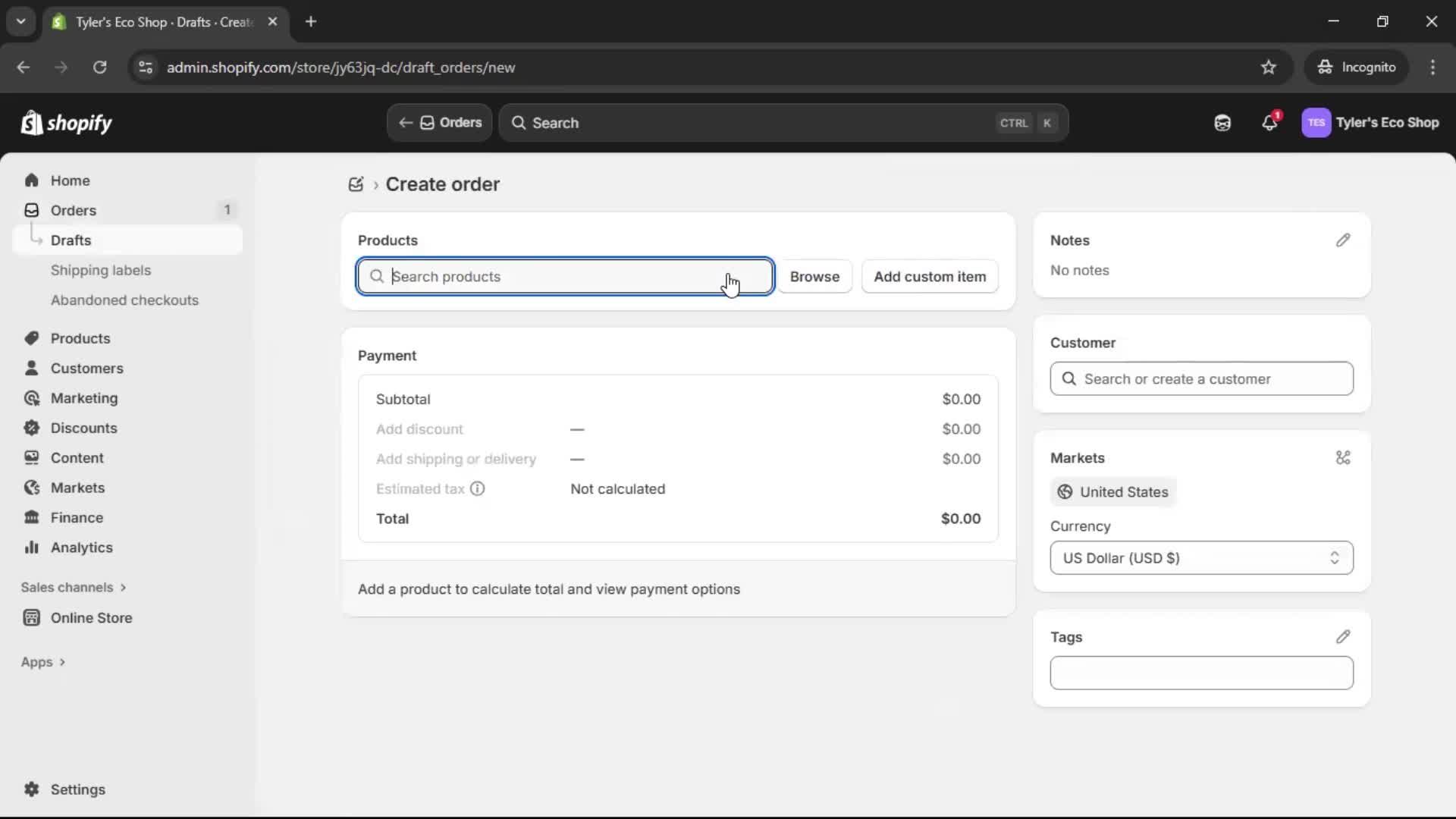 Creating a purchase order screenshot