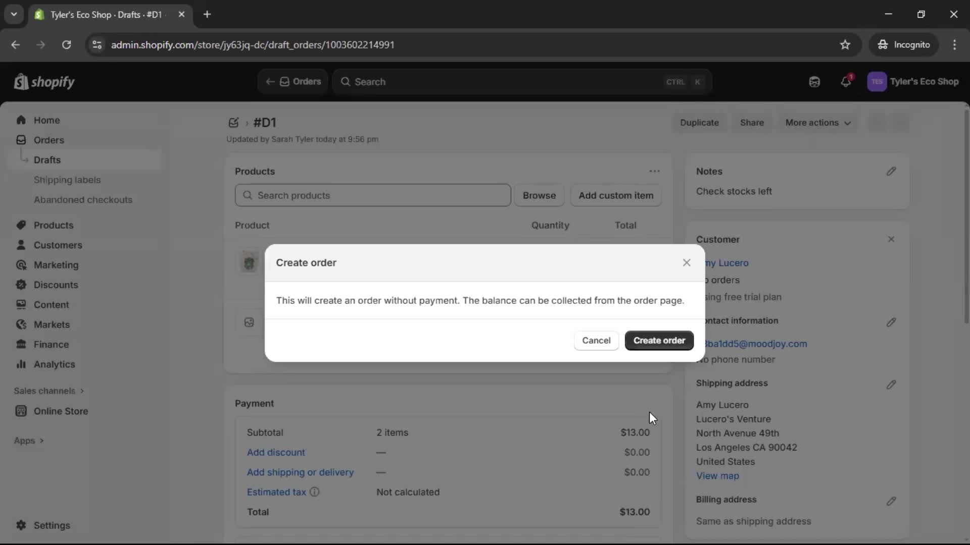 Creating a purchase order screenshot