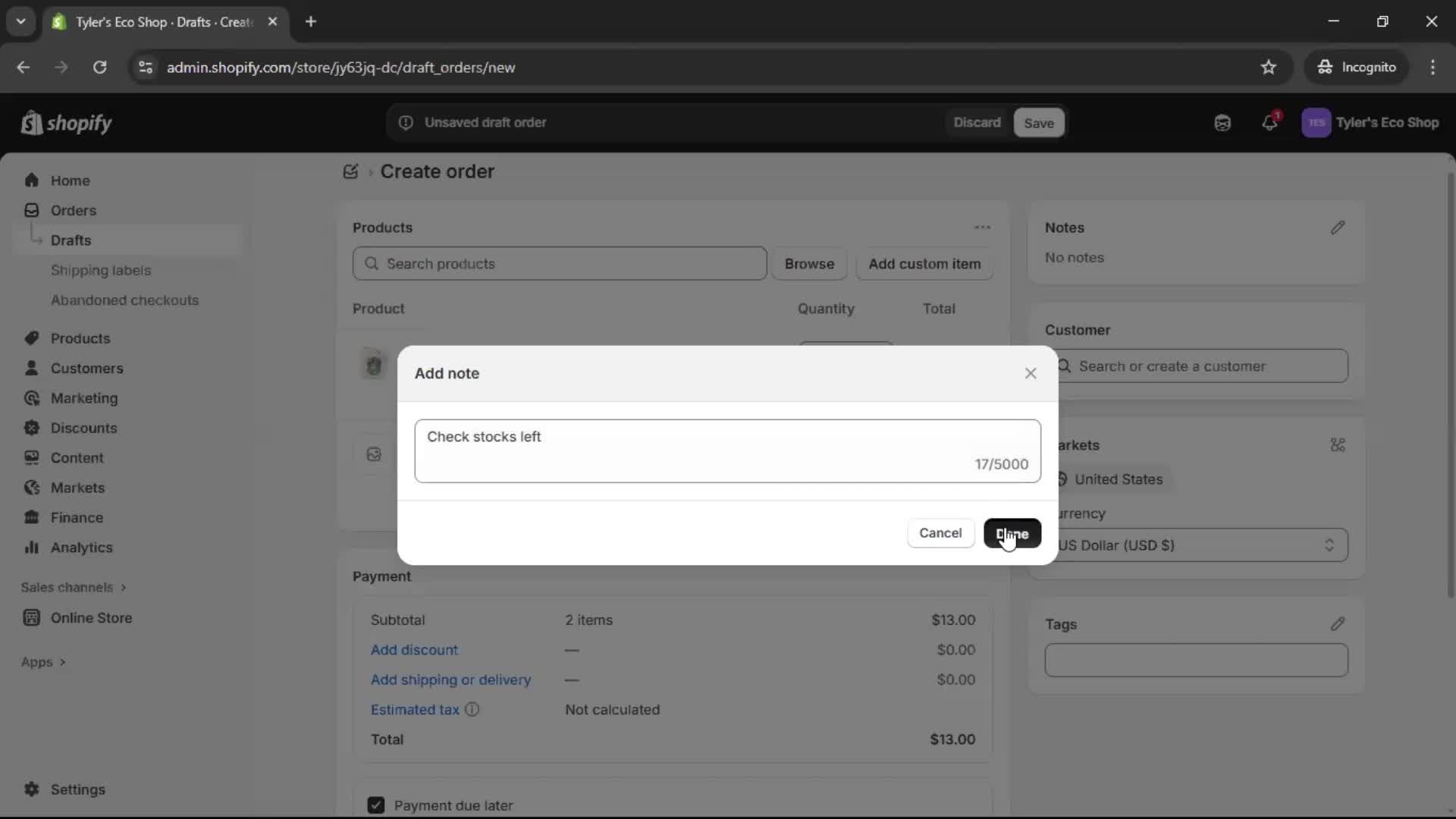 Creating a purchase order screenshot