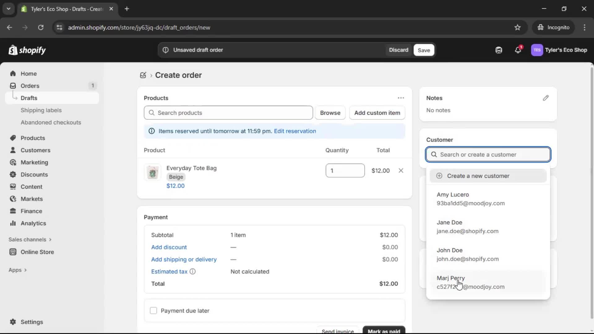 Creating a purchase order screenshot