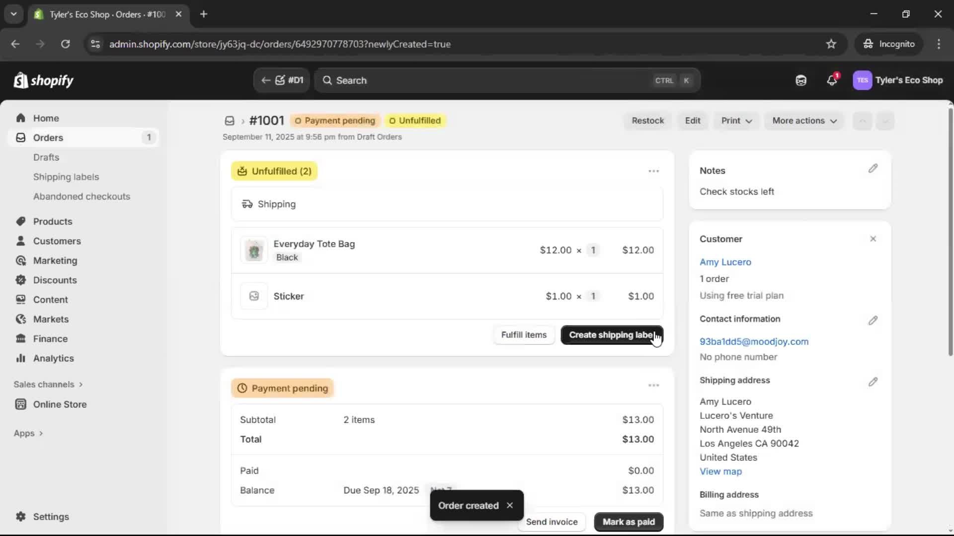 Creating a purchase order screenshot