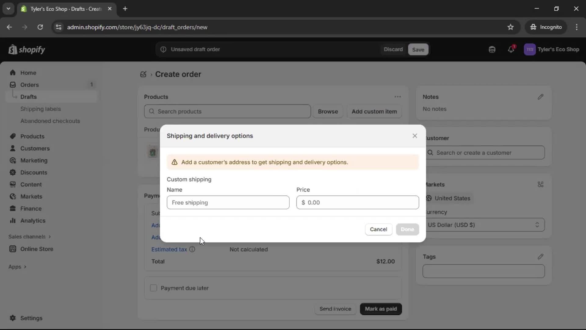 Creating a purchase order screenshot