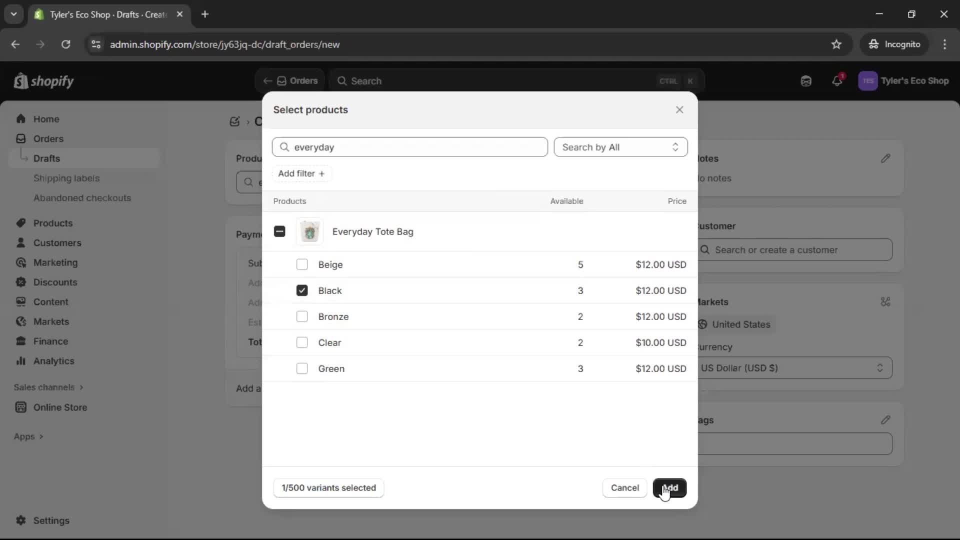 Creating a purchase order screenshot