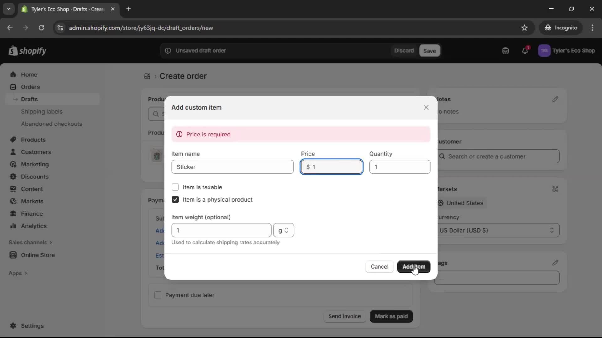 Creating a purchase order screenshot