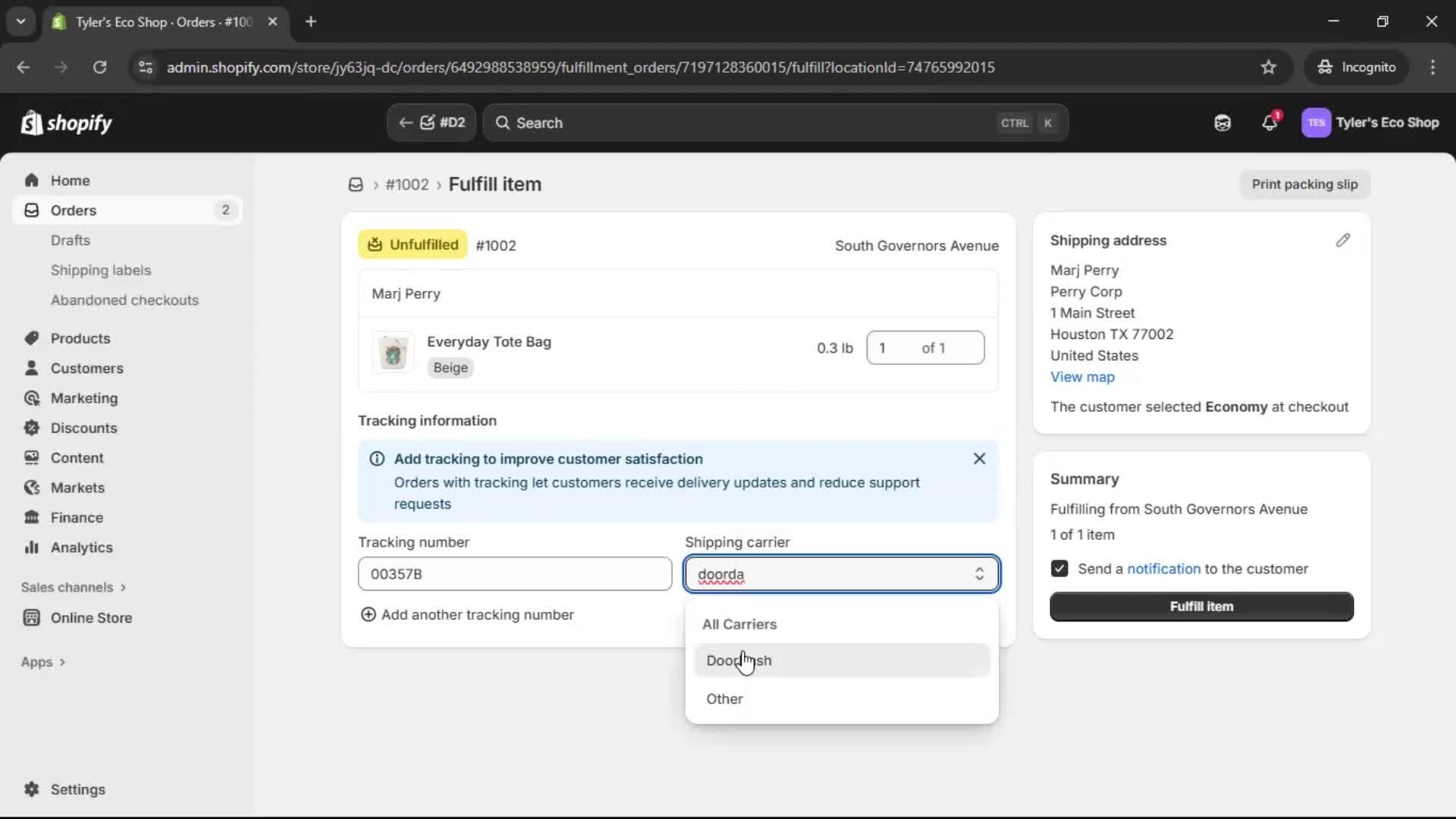 Creating a purchase order screenshot