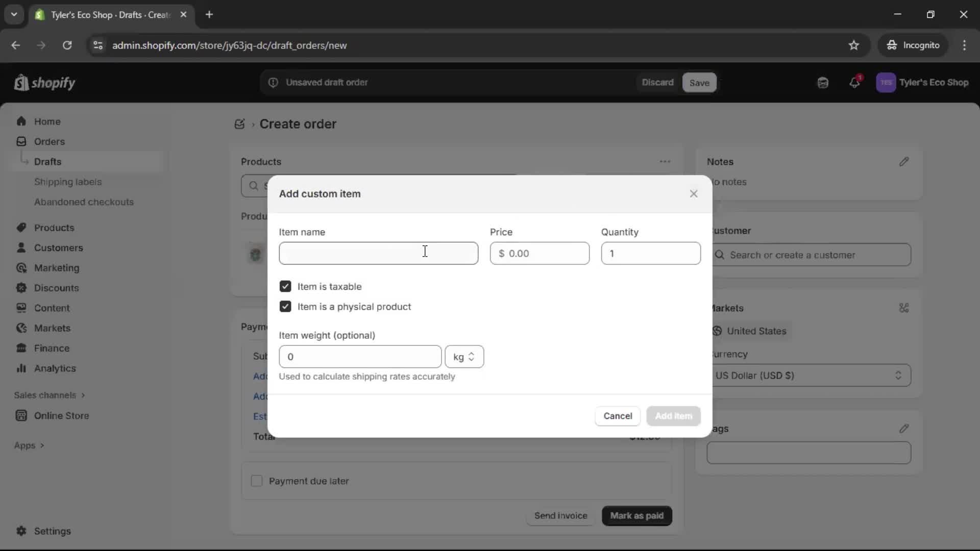 Creating a purchase order screenshot