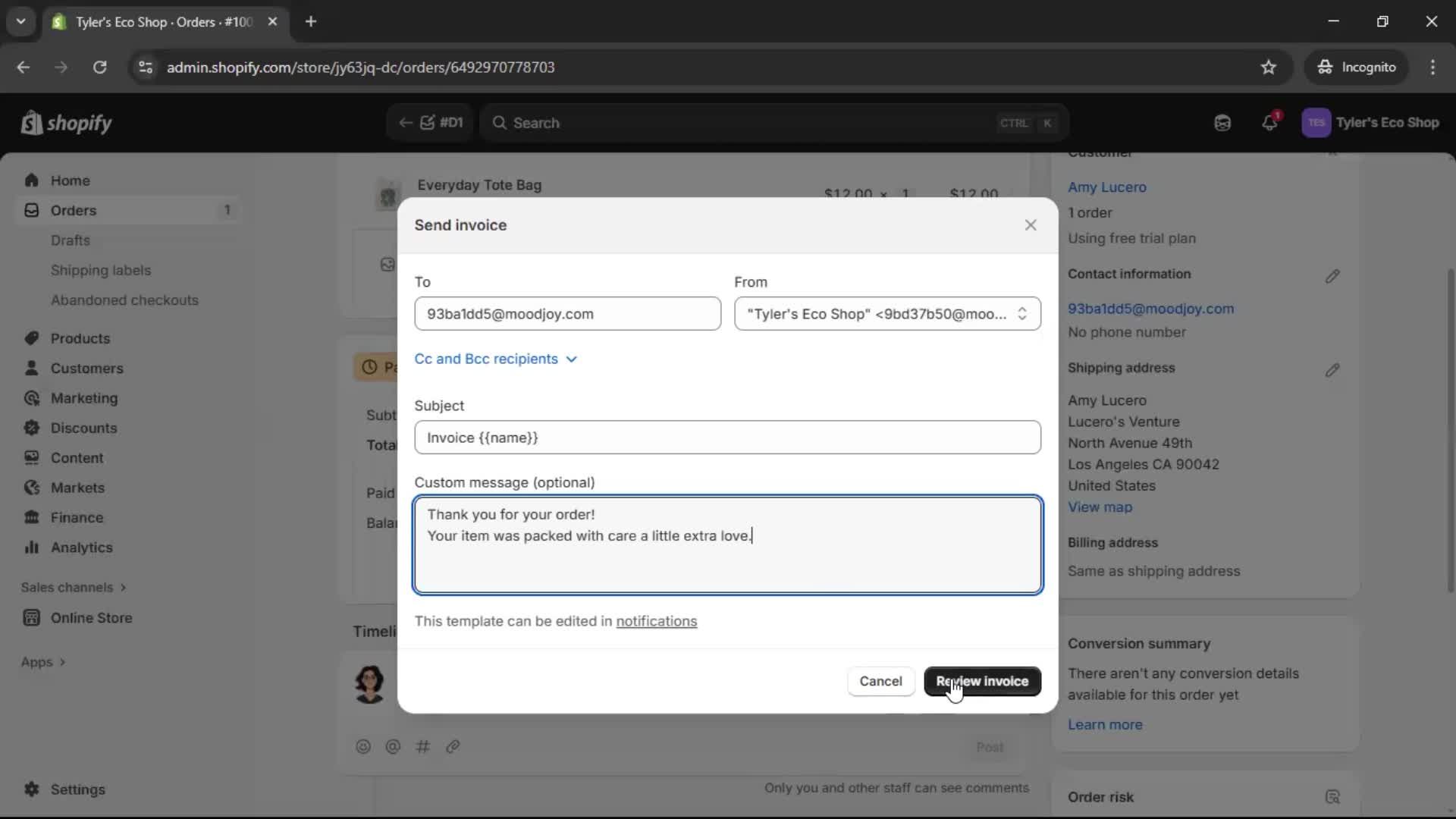 Creating a purchase order screenshot