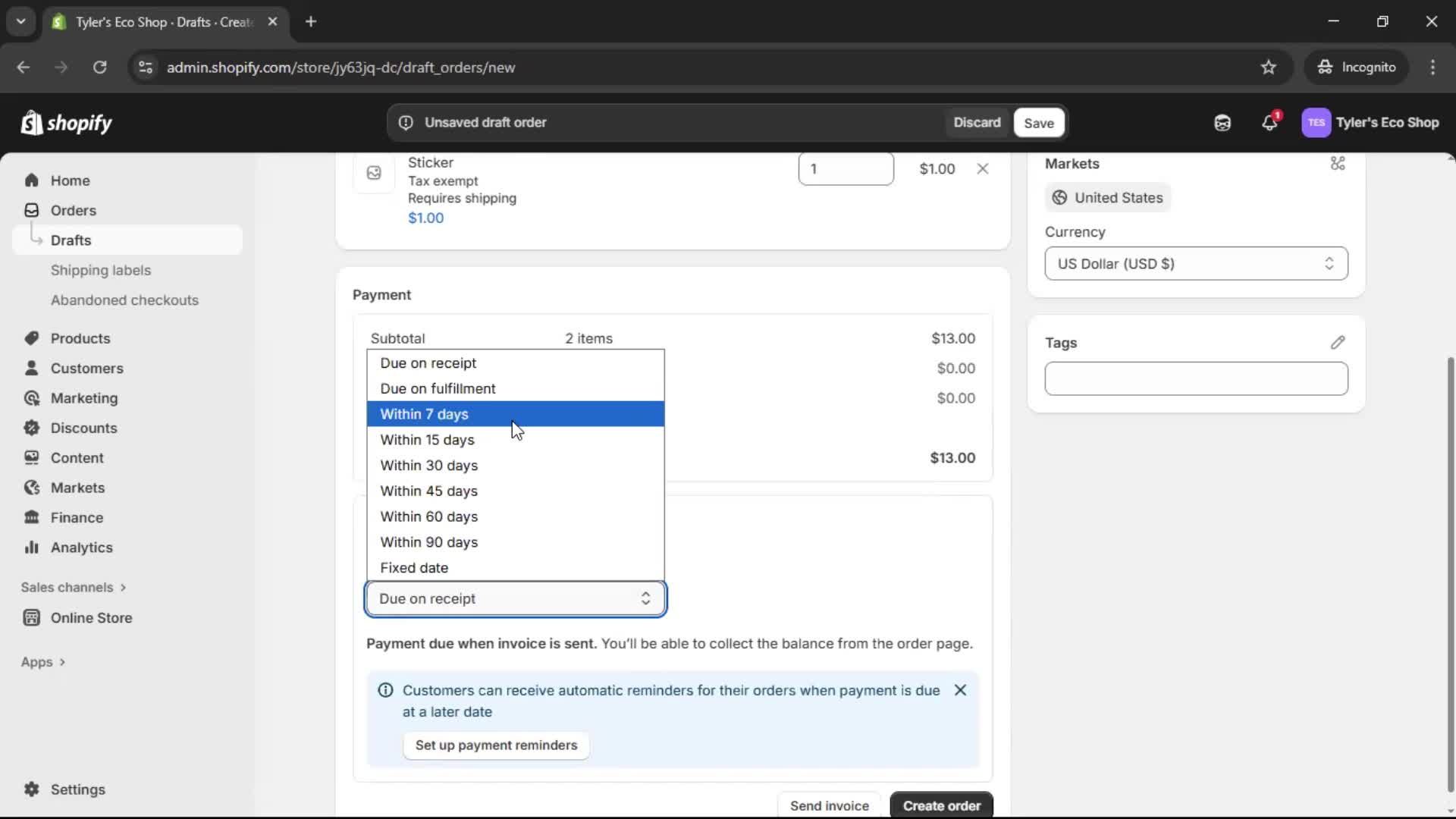 Creating a purchase order screenshot