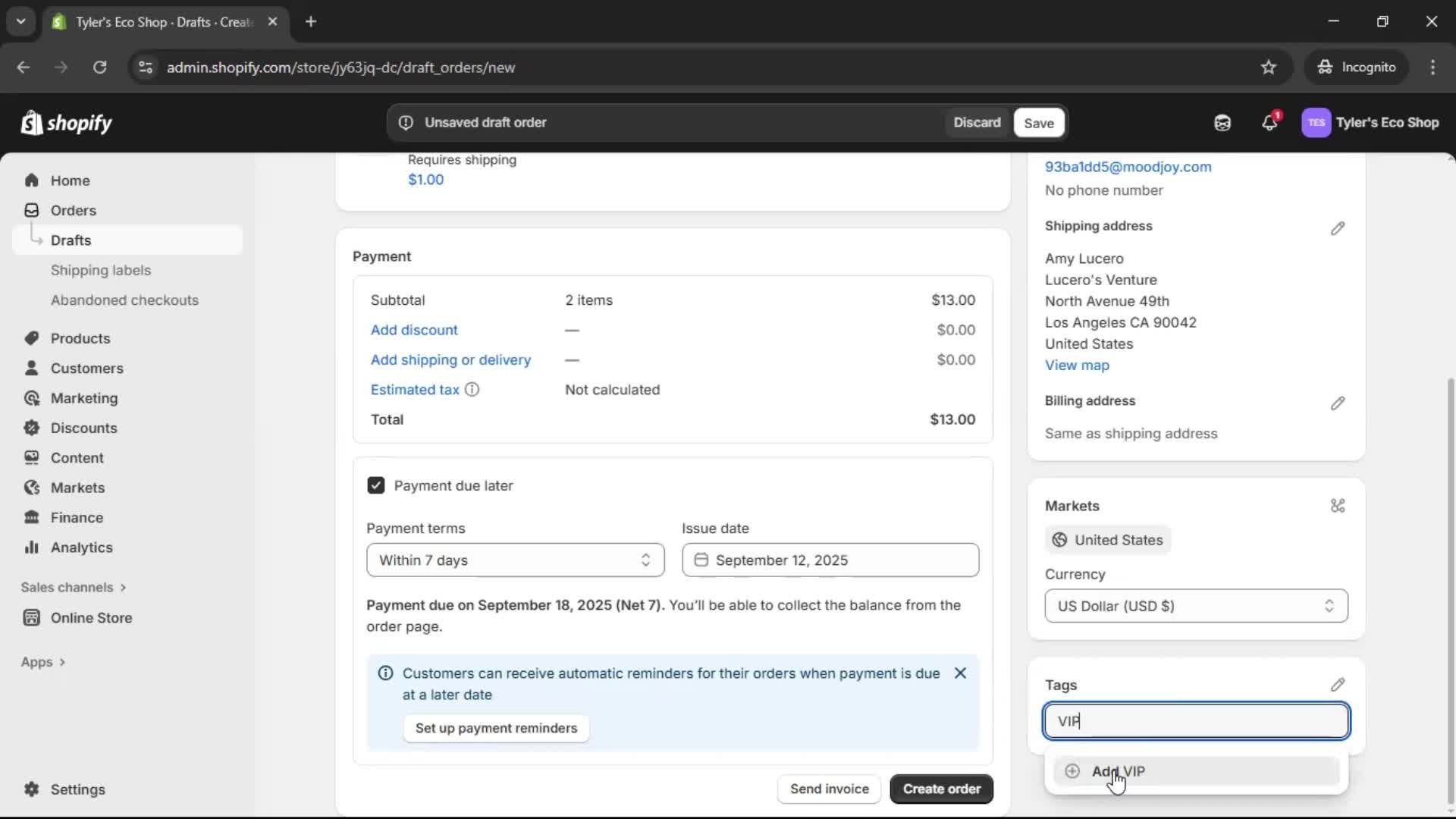 Creating a purchase order screenshot