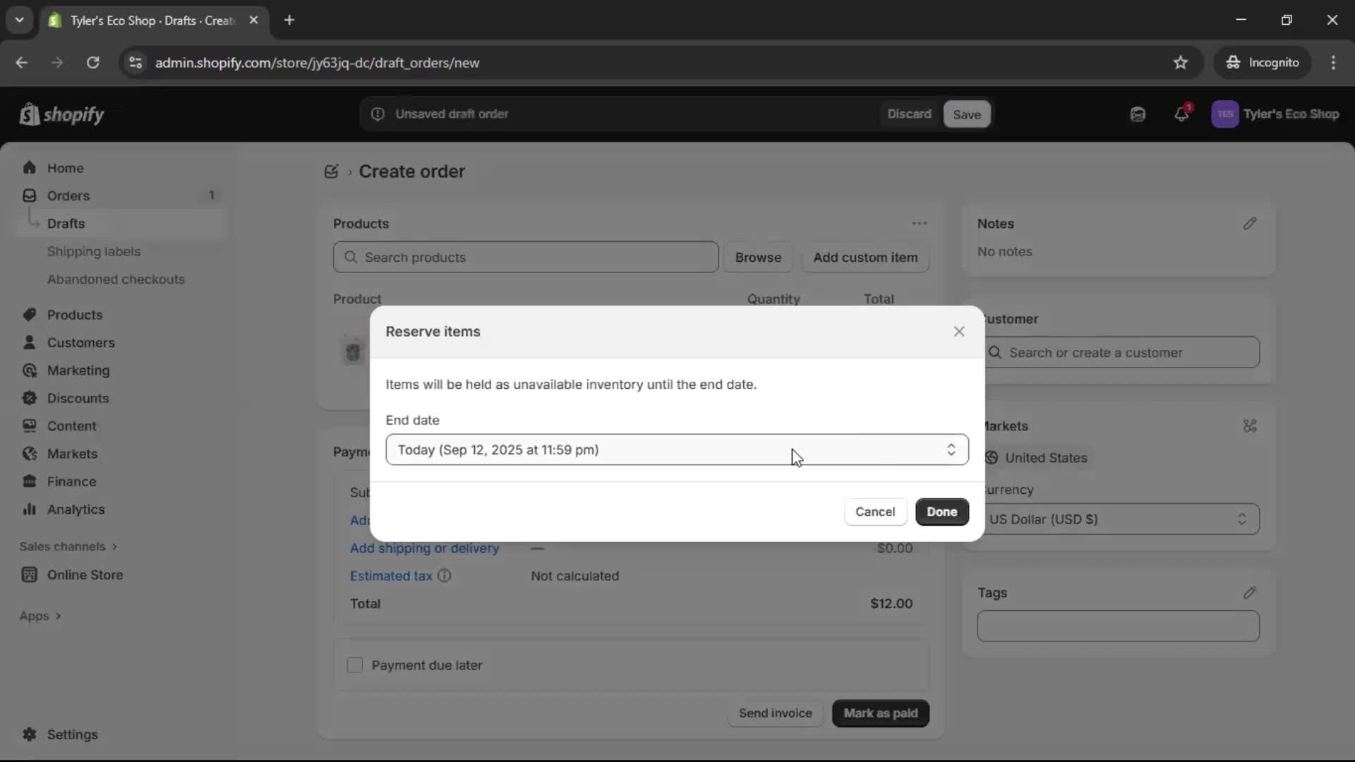 Creating a purchase order screenshot