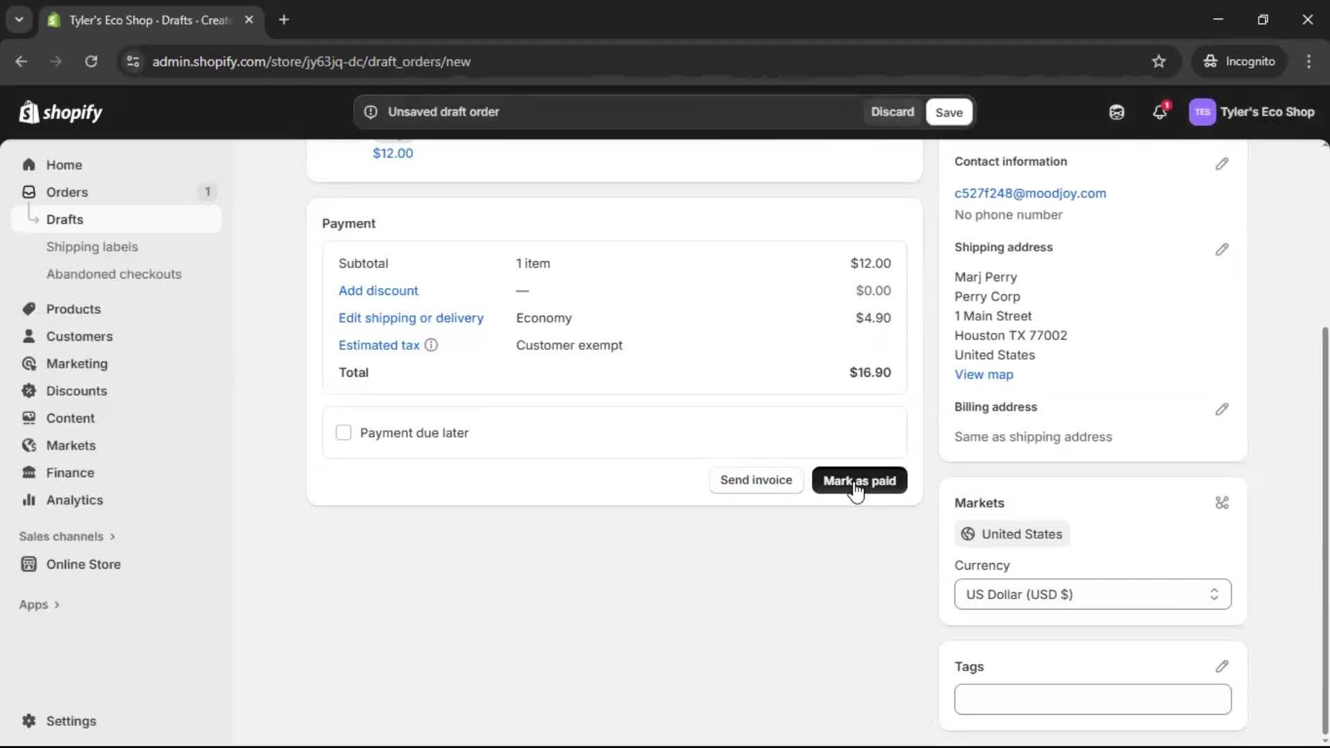Creating a purchase order screenshot