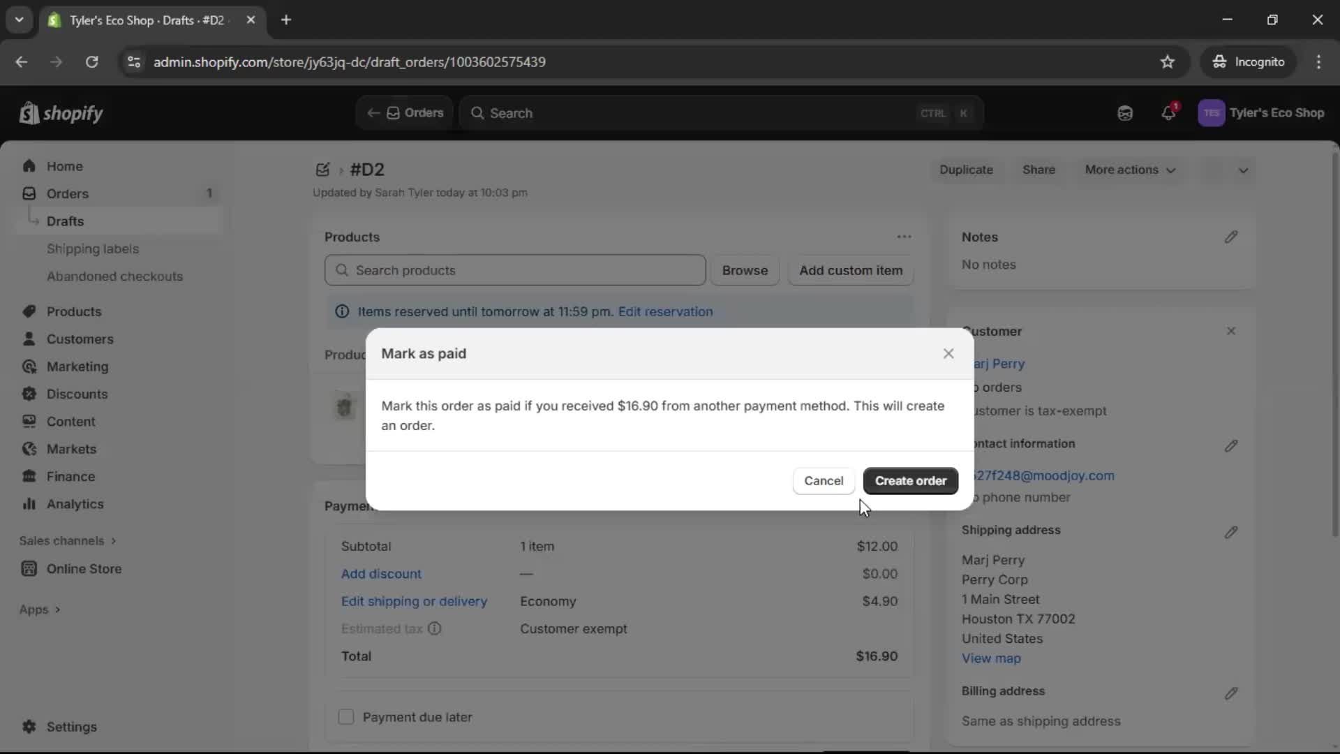 Creating a purchase order screenshot