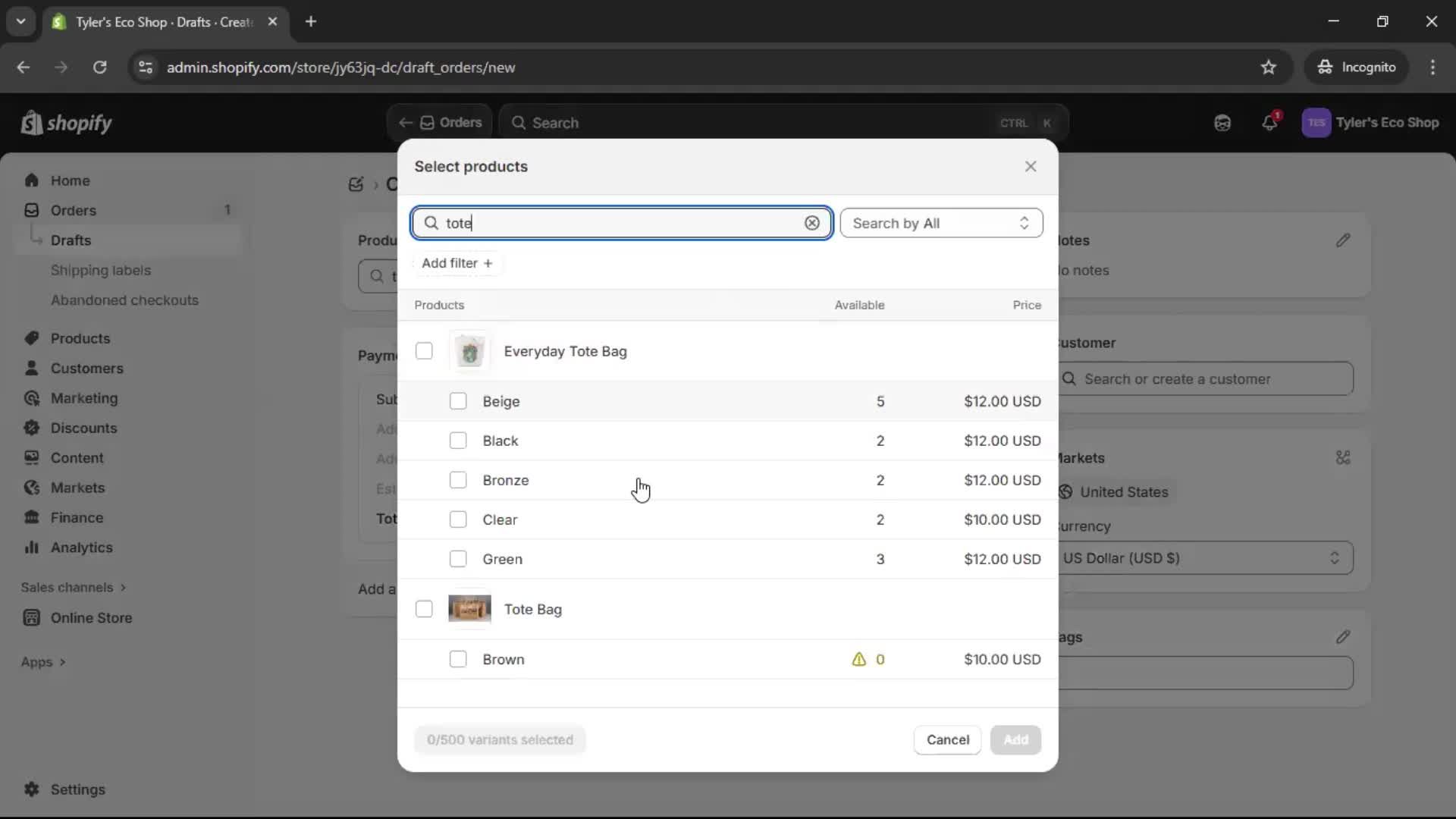 Creating a purchase order screenshot