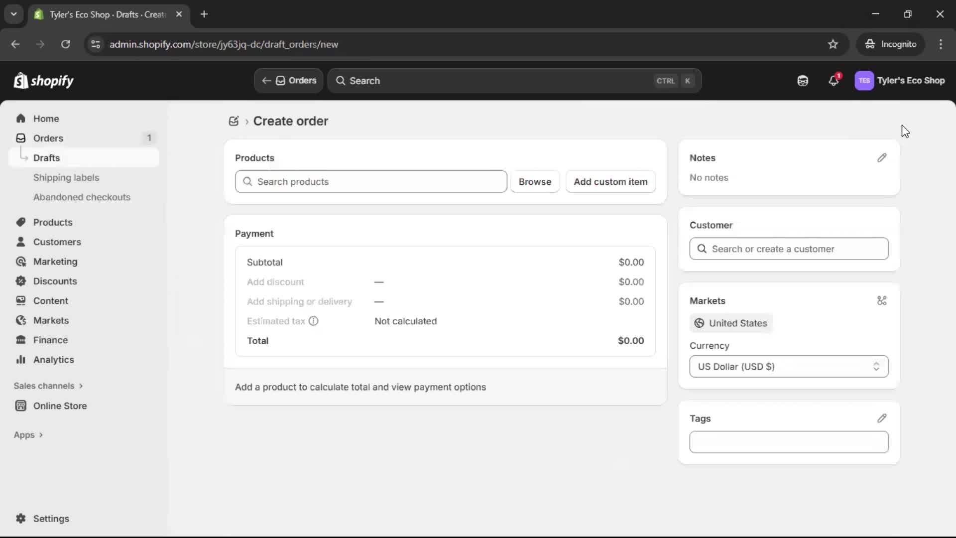 Creating a purchase order screenshot