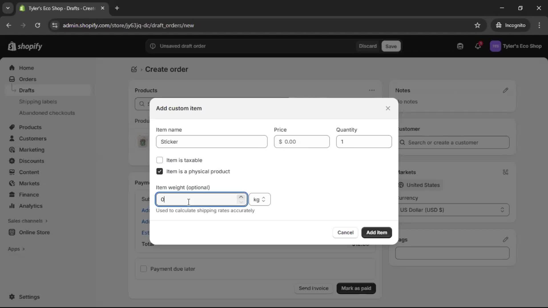 Creating a purchase order screenshot
