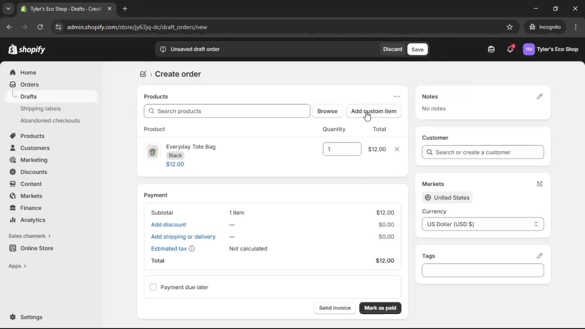 Creating a purchase order screenshot