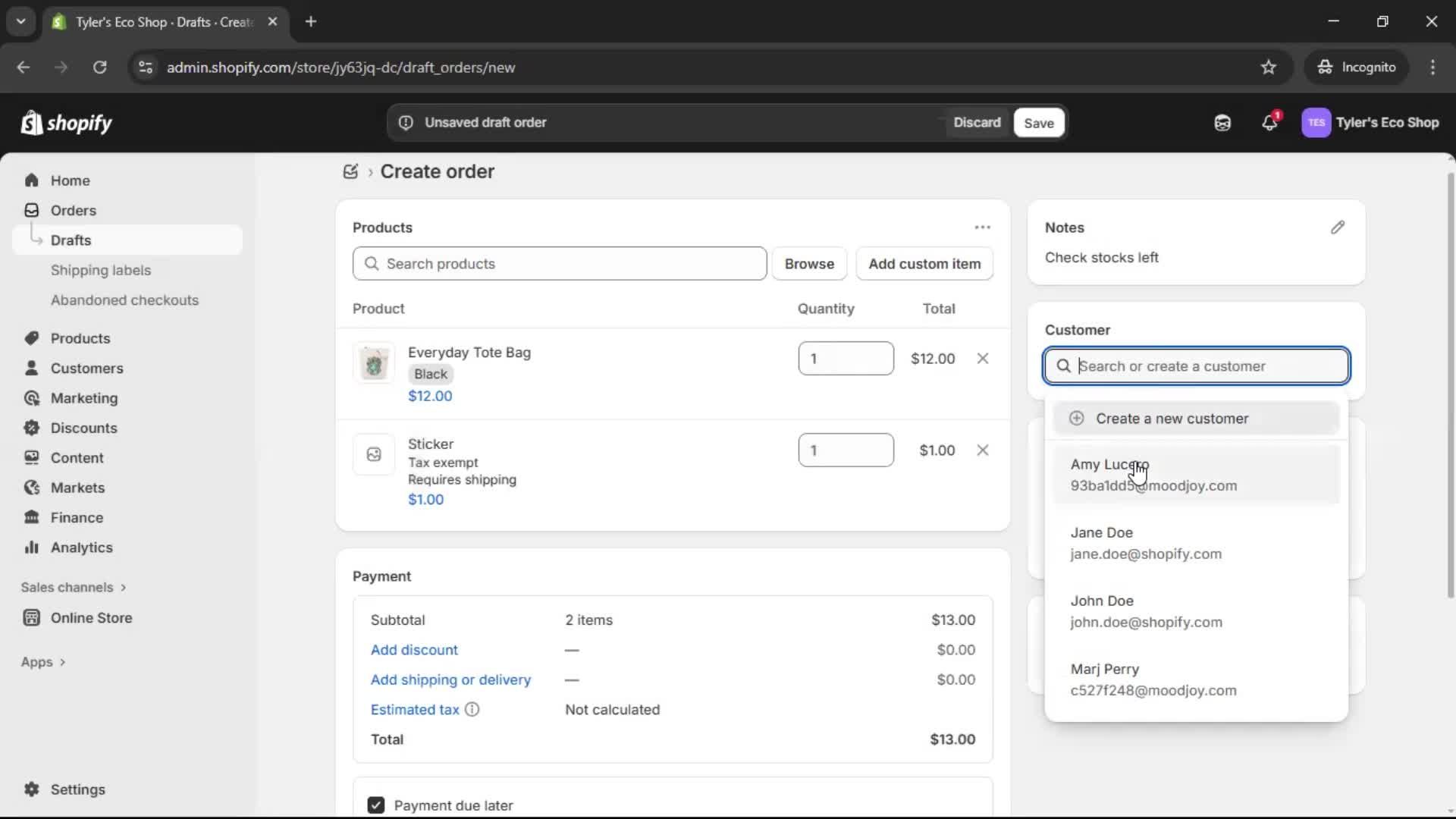 Creating a purchase order screenshot
