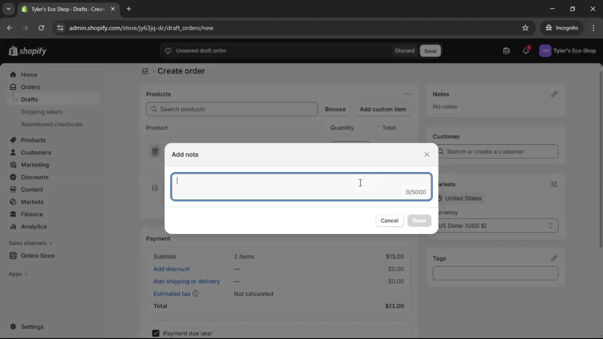 Creating a purchase order screenshot