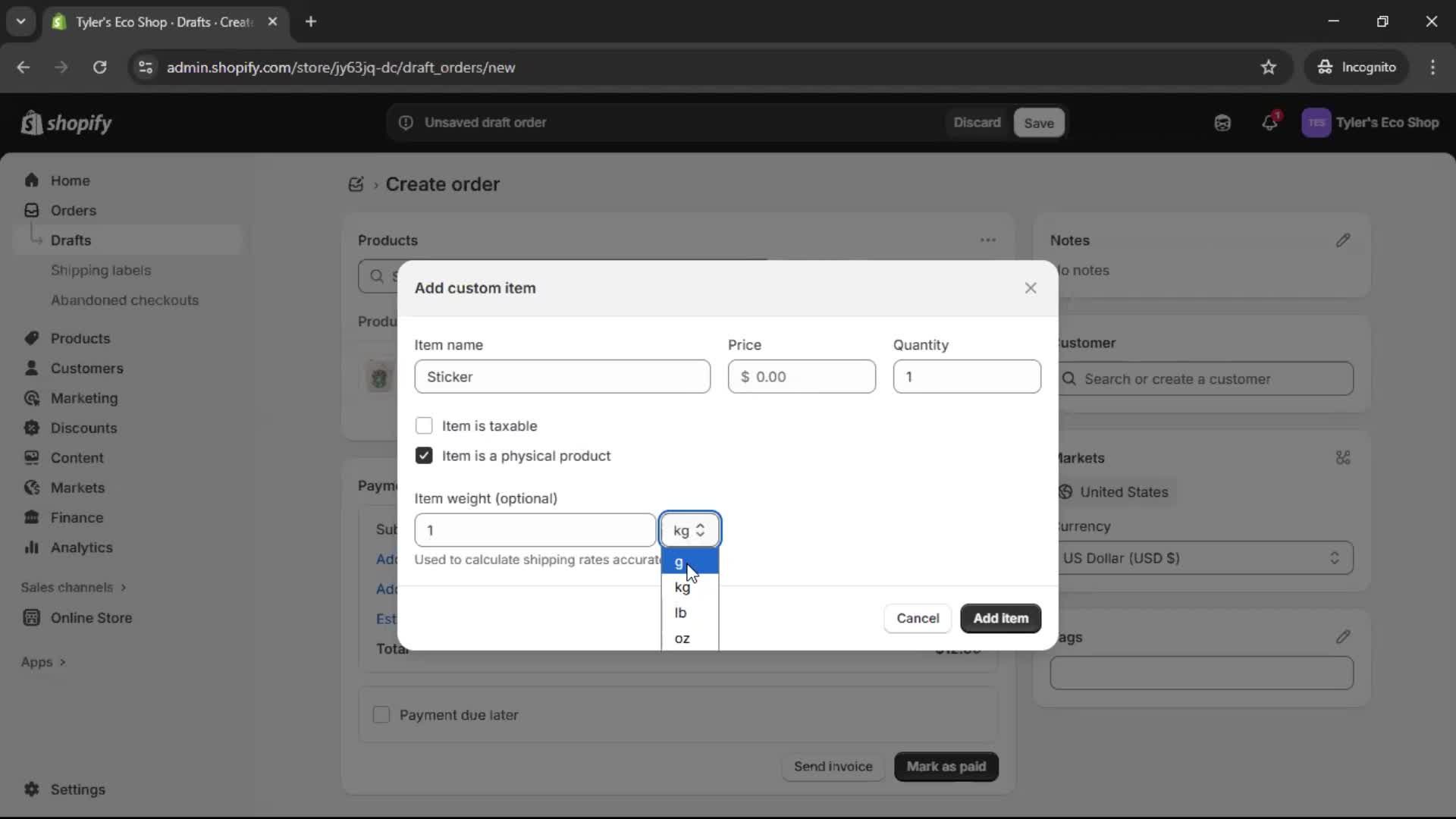 Creating a purchase order screenshot