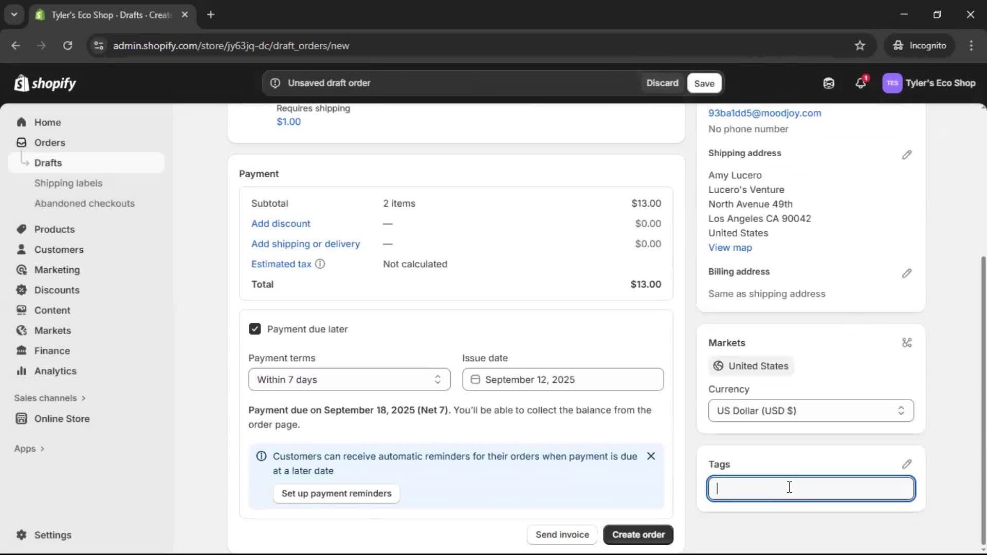 Creating a purchase order screenshot