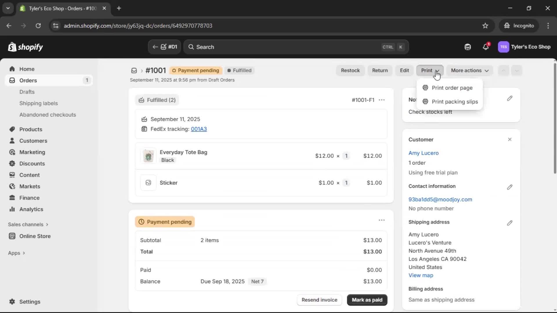 Creating a purchase order screenshot