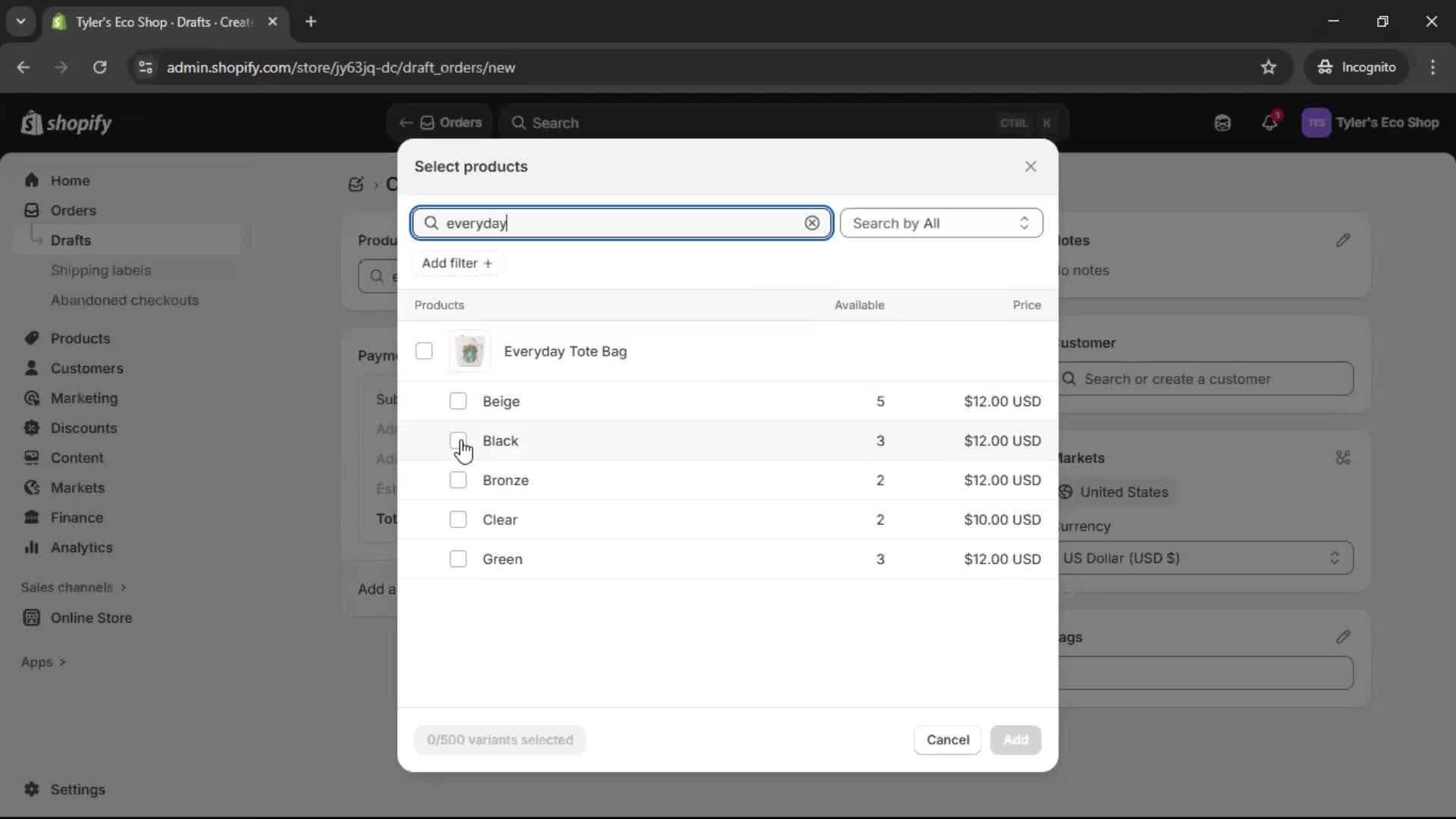 Creating a purchase order screenshot