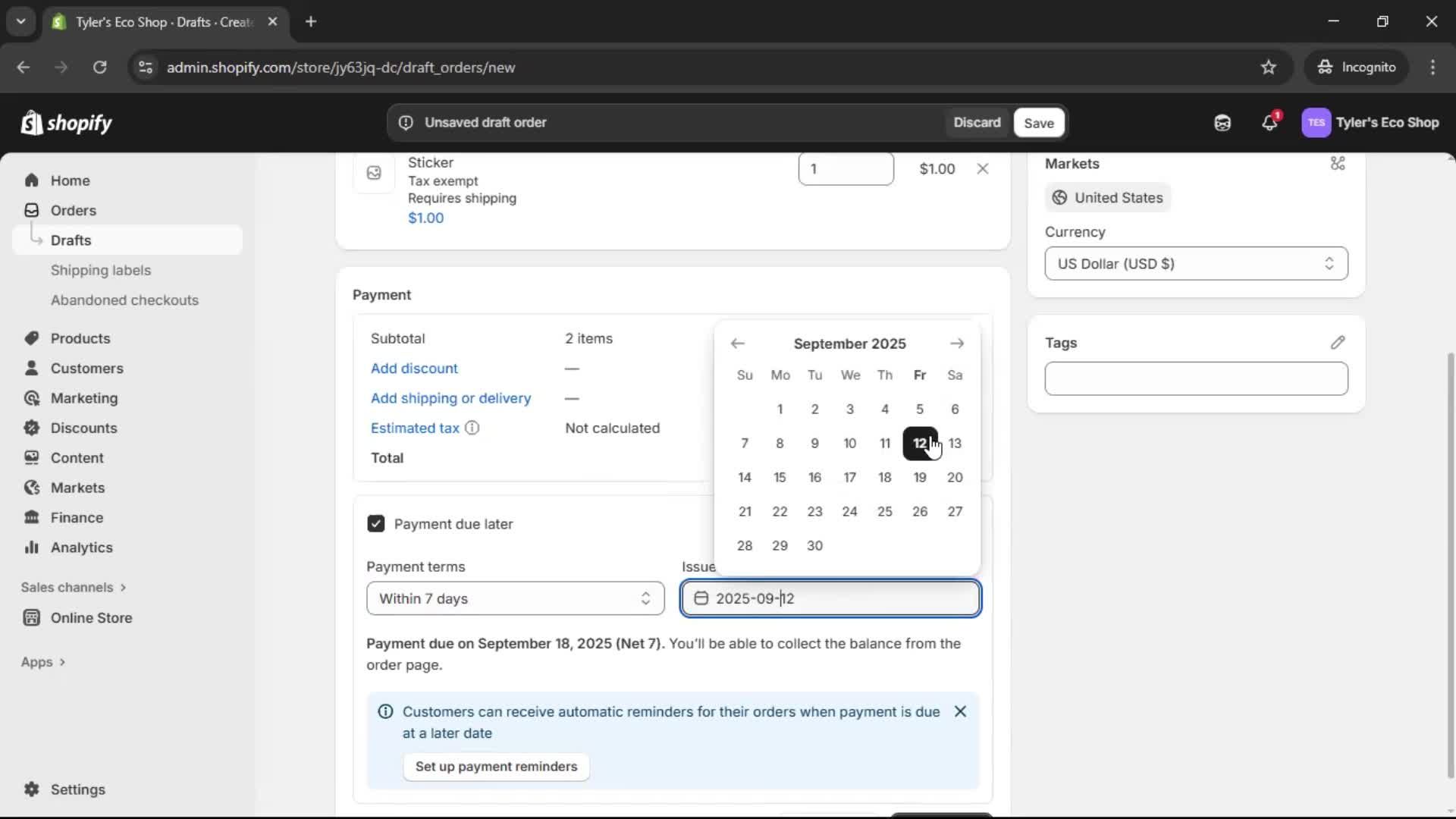 Creating a purchase order screenshot