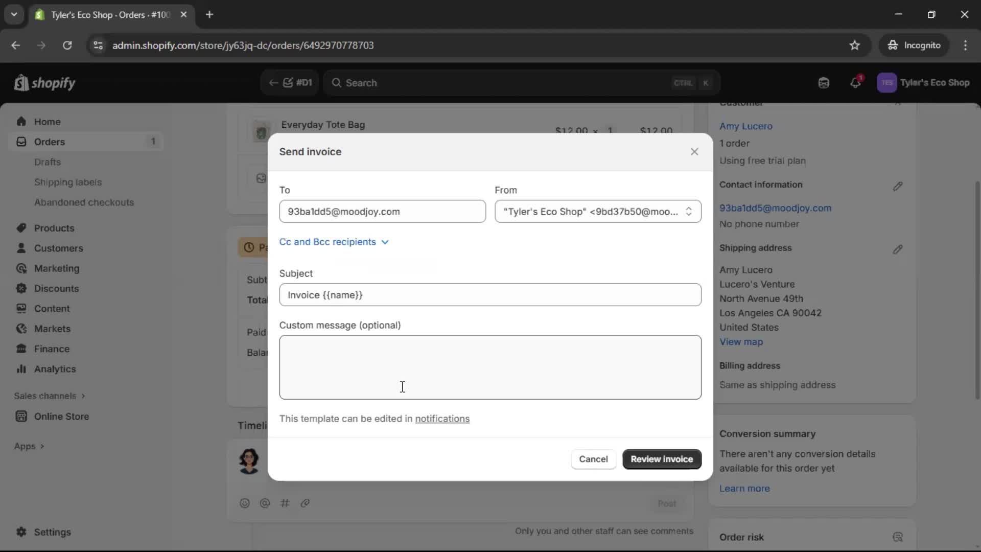 Creating a purchase order screenshot