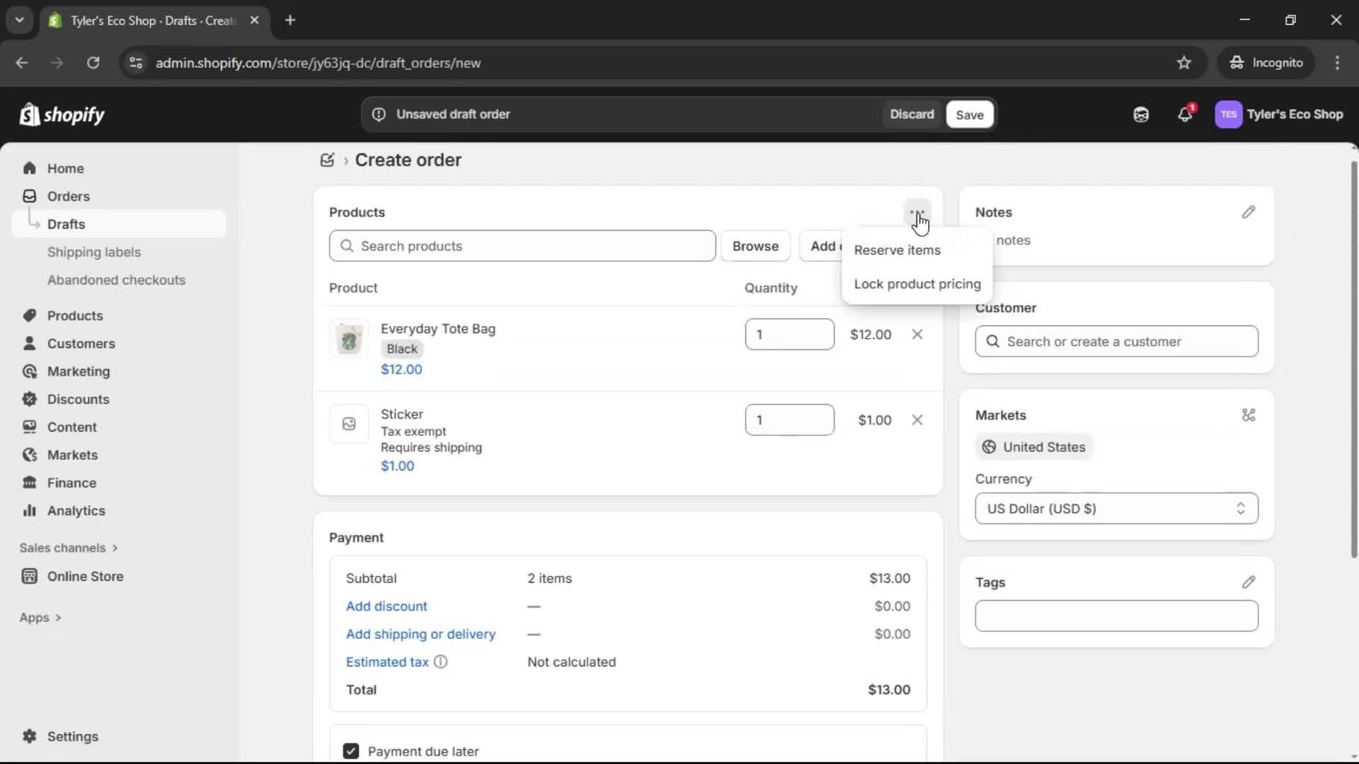 Creating a purchase order screenshot