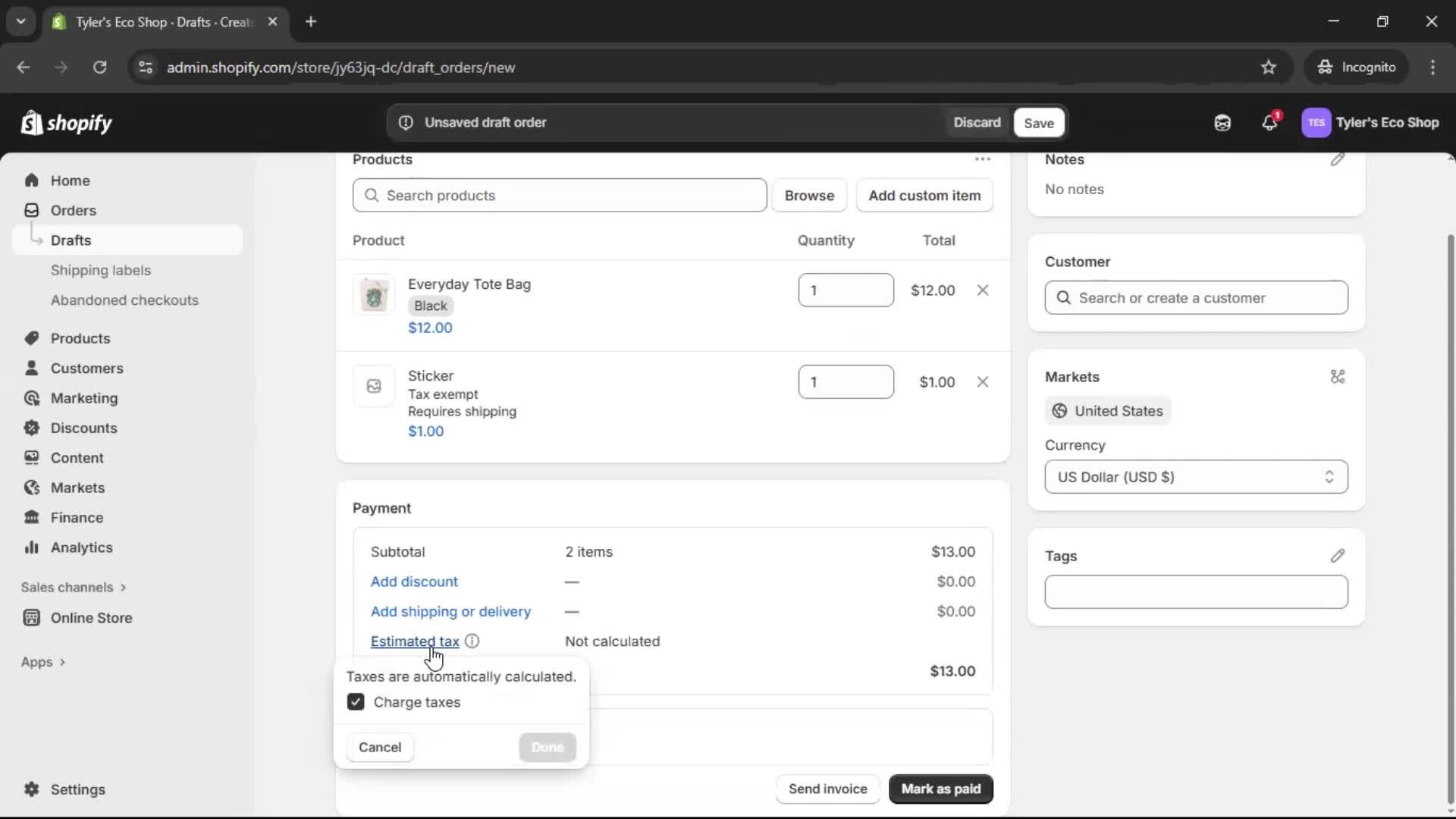Creating a purchase order screenshot