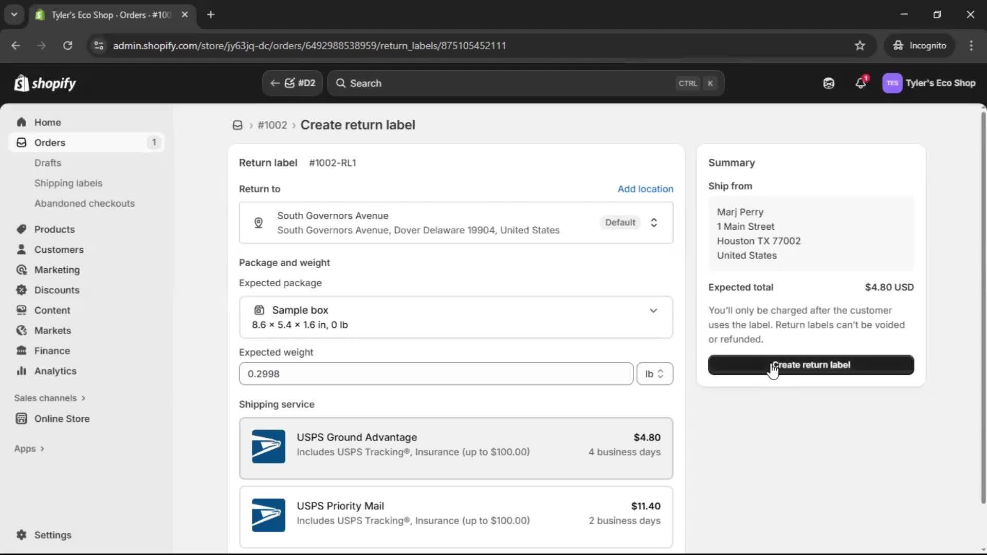 Creating a purchase order screenshot