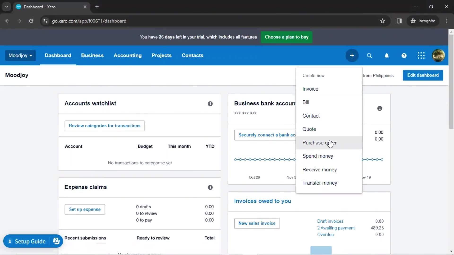 Creating a purchase order screenshot