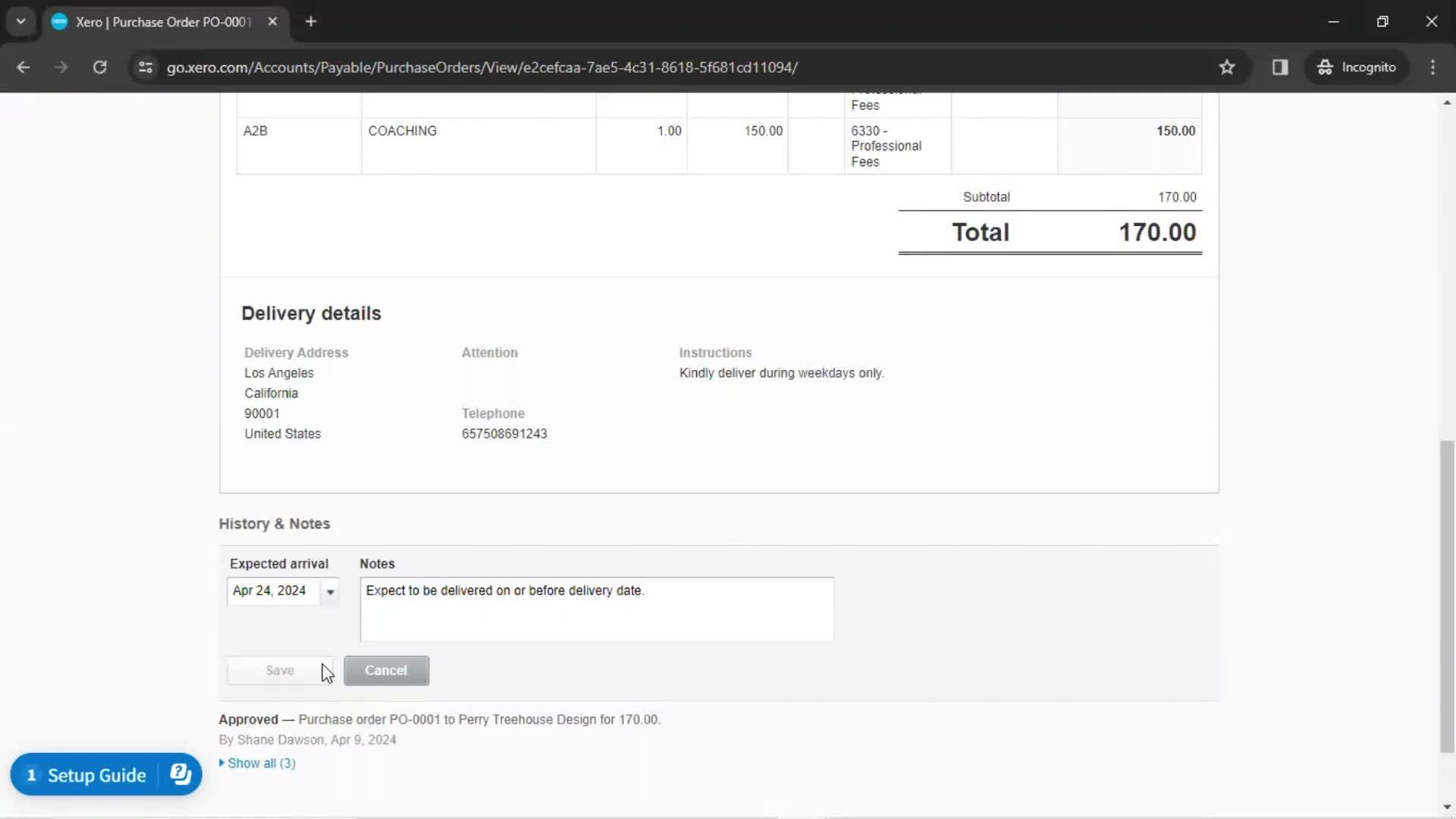 Creating a purchase order screenshot