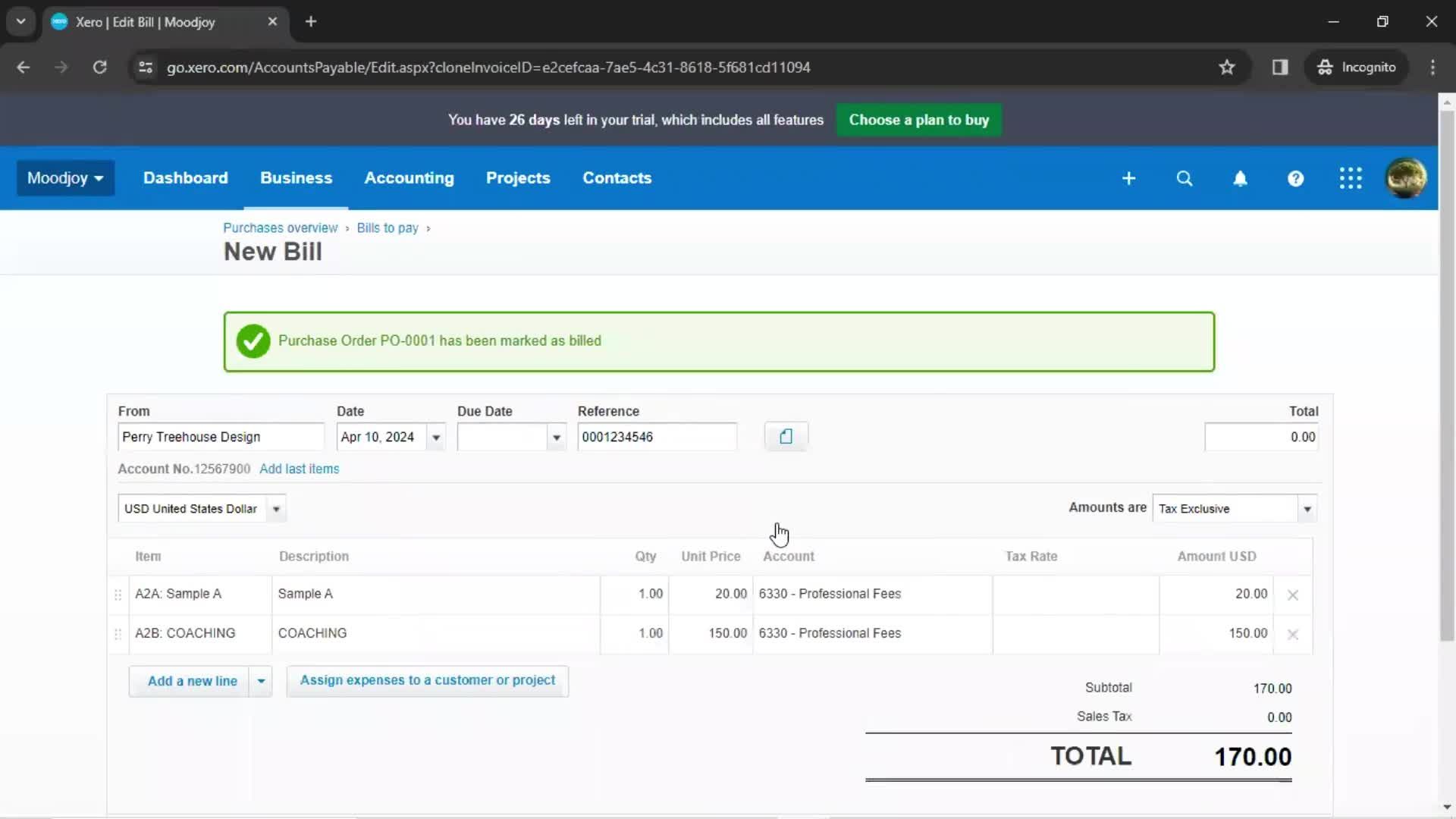 Creating a purchase order screenshot