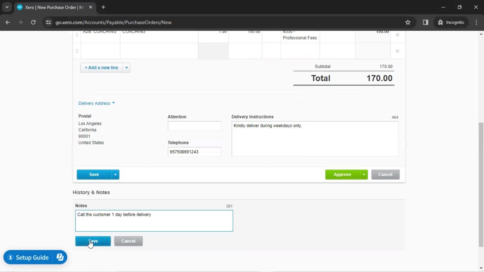 Creating a purchase order screenshot