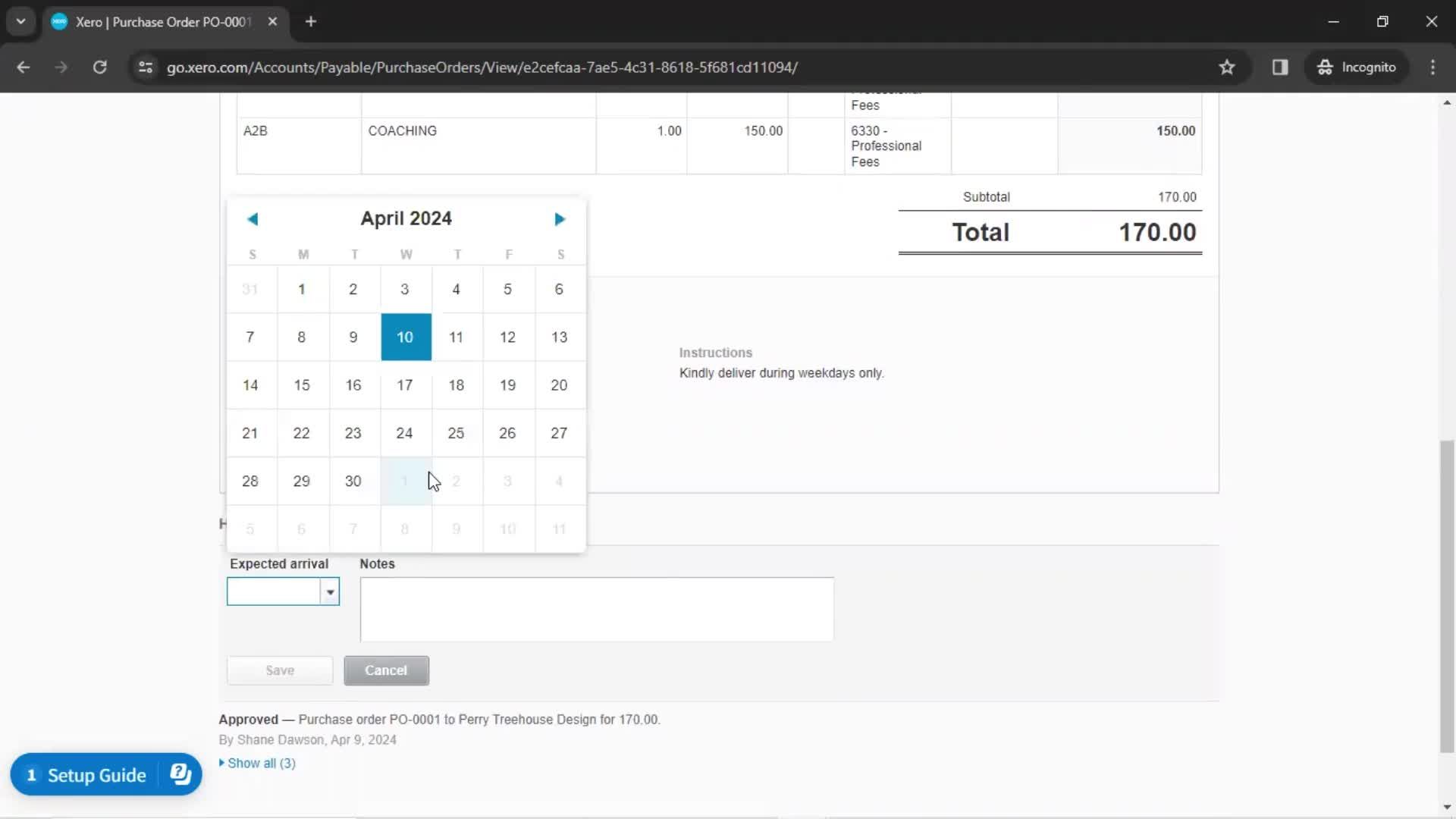 Creating a purchase order screenshot