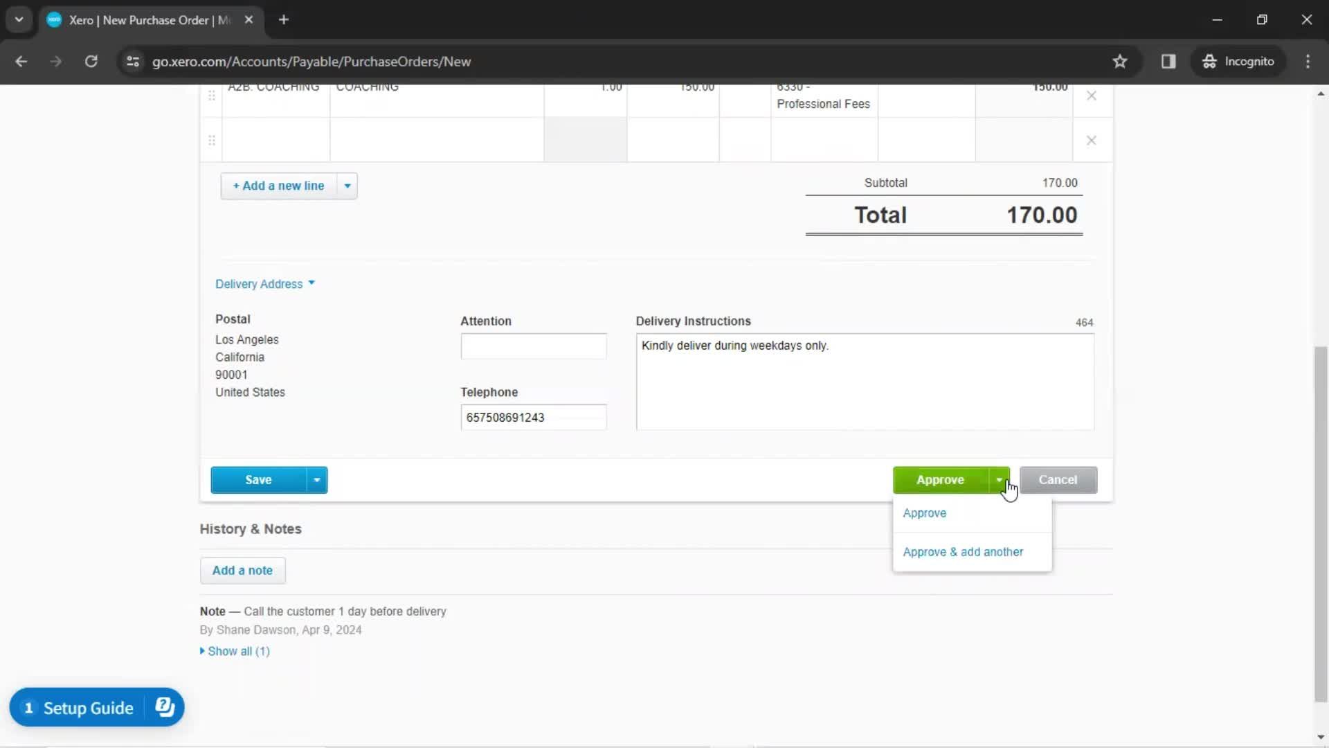 Creating a purchase order screenshot