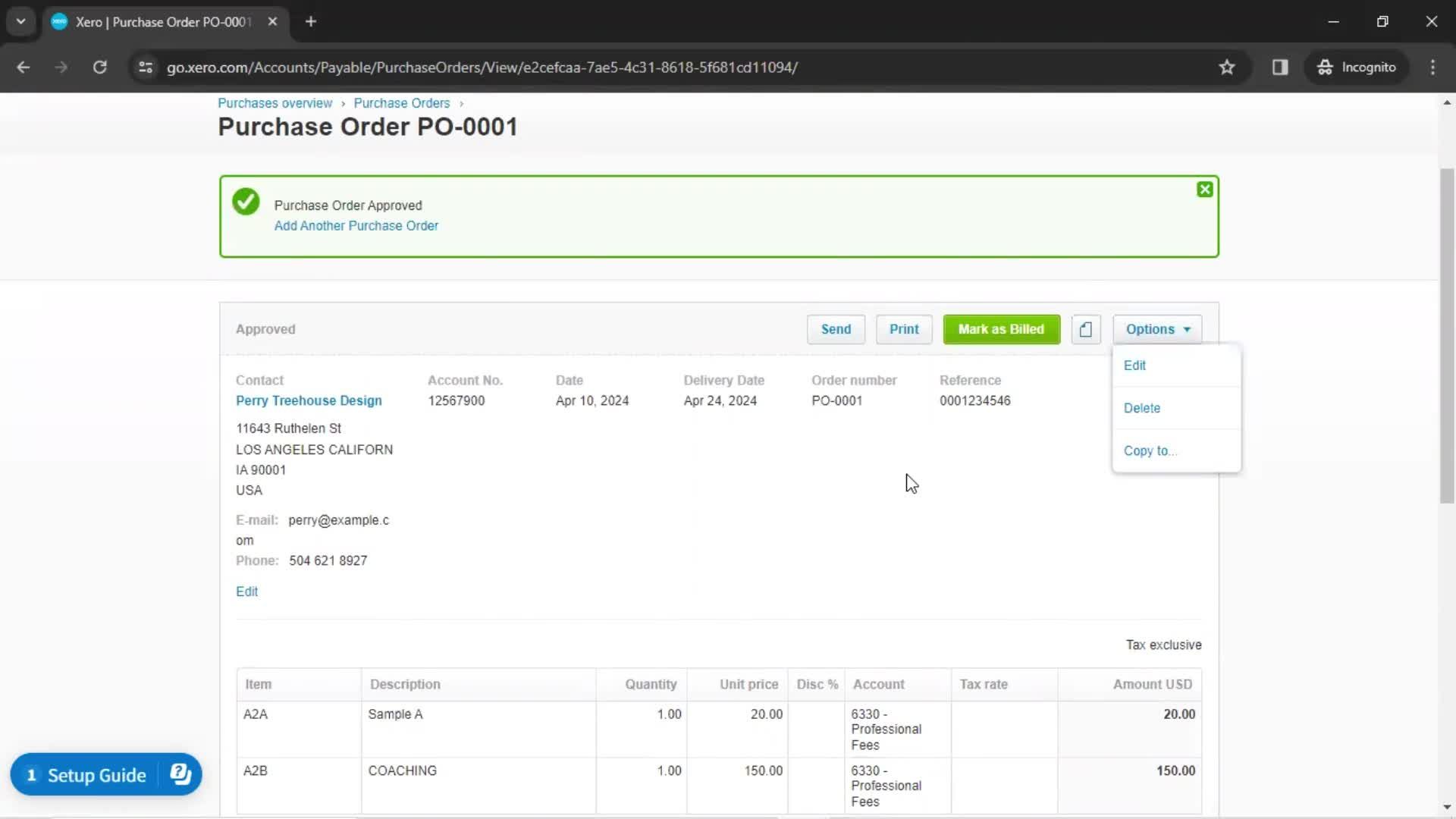 Creating a purchase order screenshot