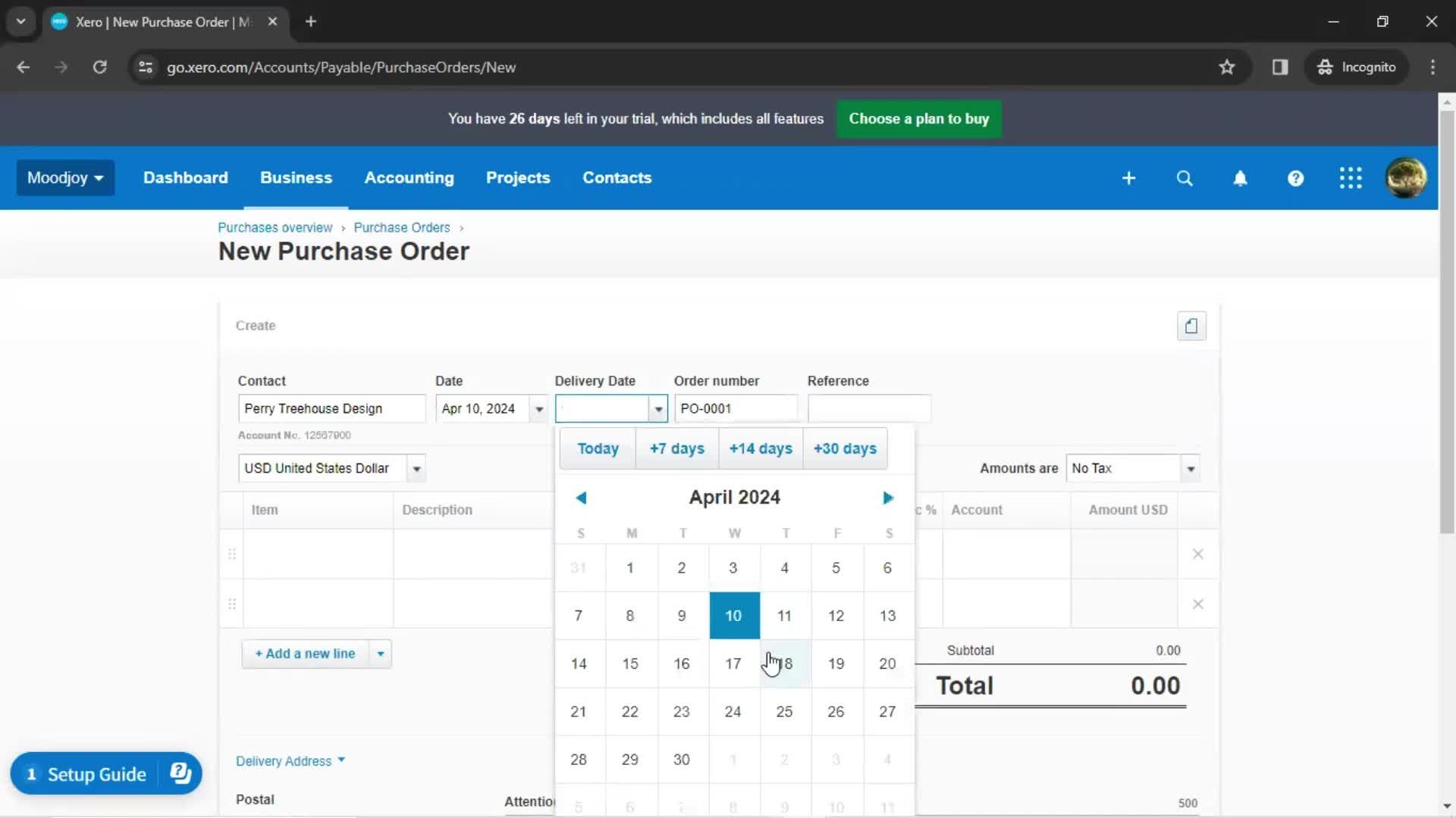 Creating a purchase order screenshot