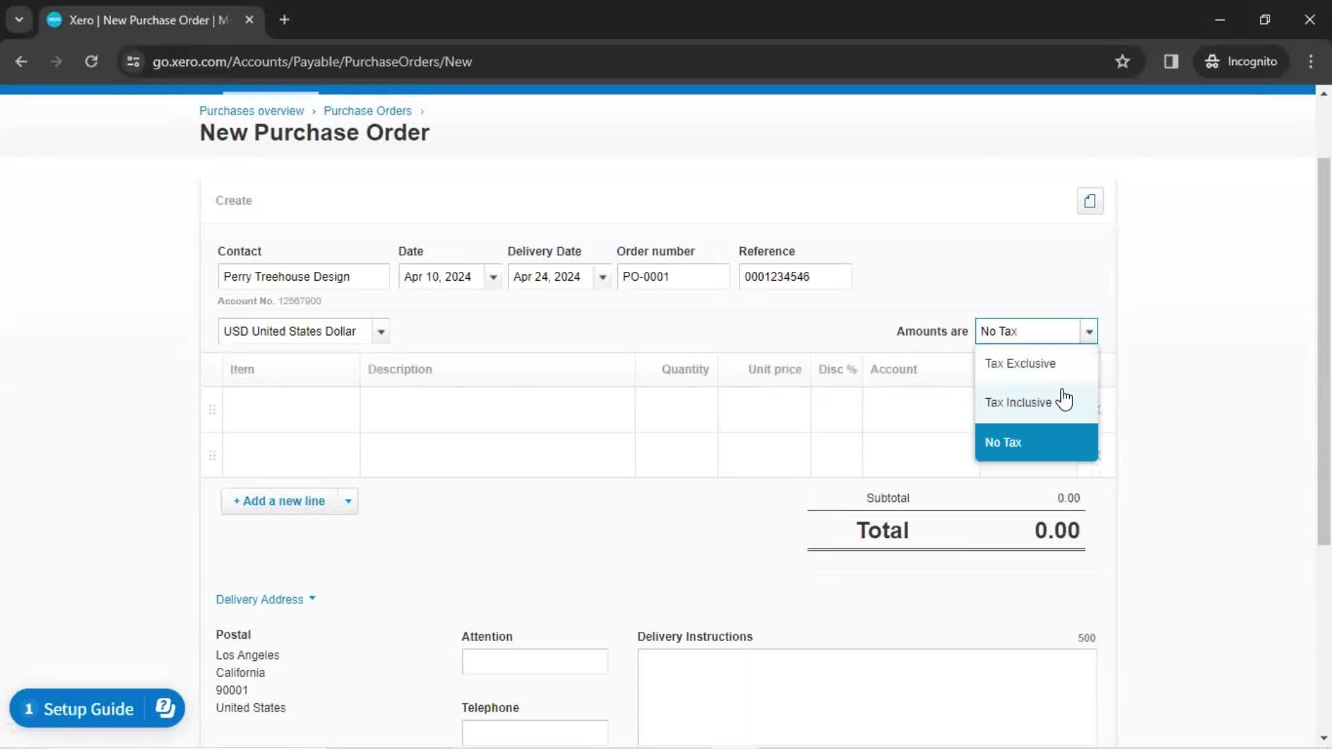 Creating a purchase order screenshot