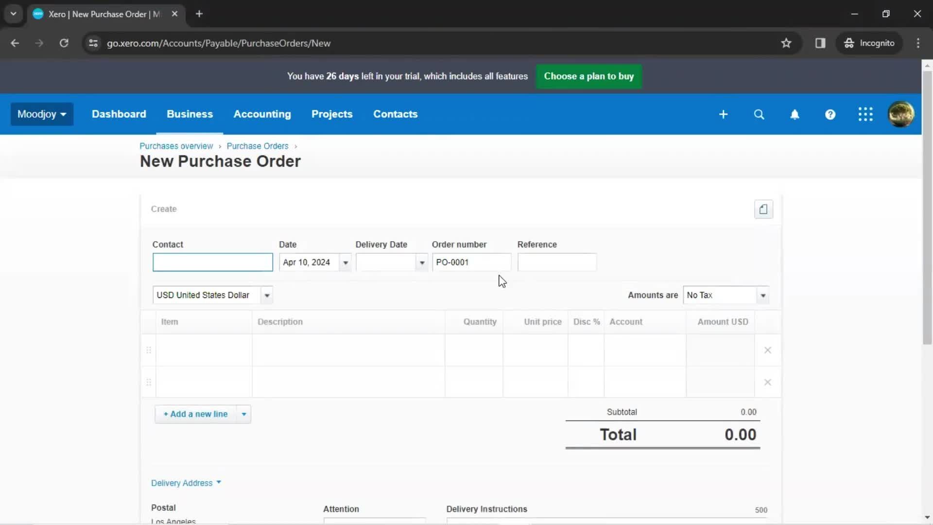 Creating a purchase order screenshot