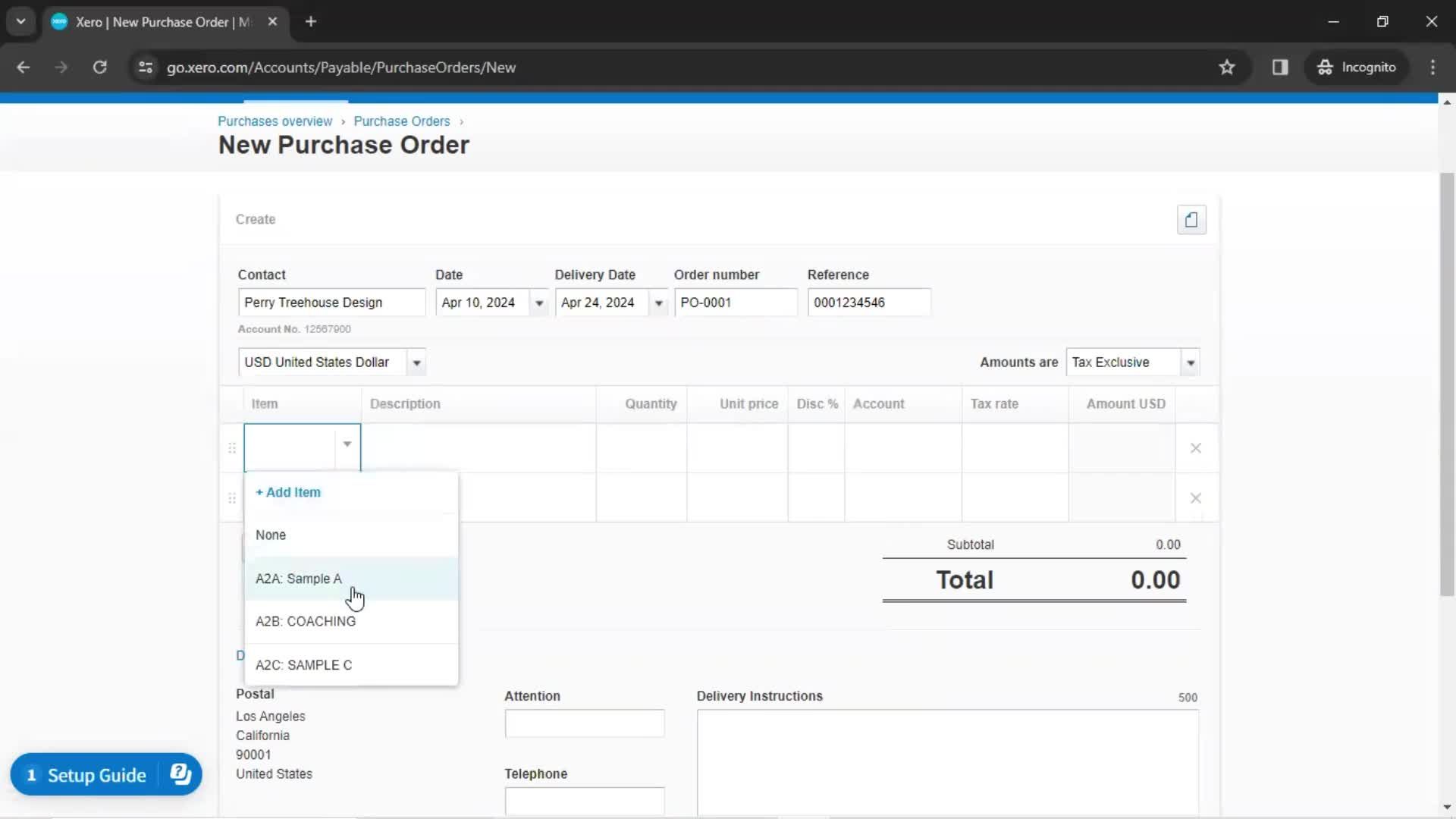 Creating a purchase order screenshot