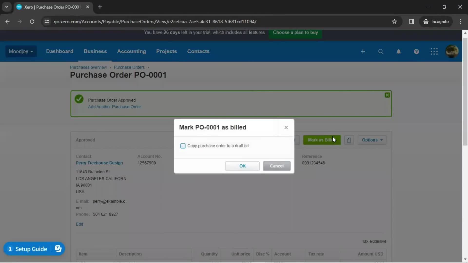 Creating a purchase order screenshot