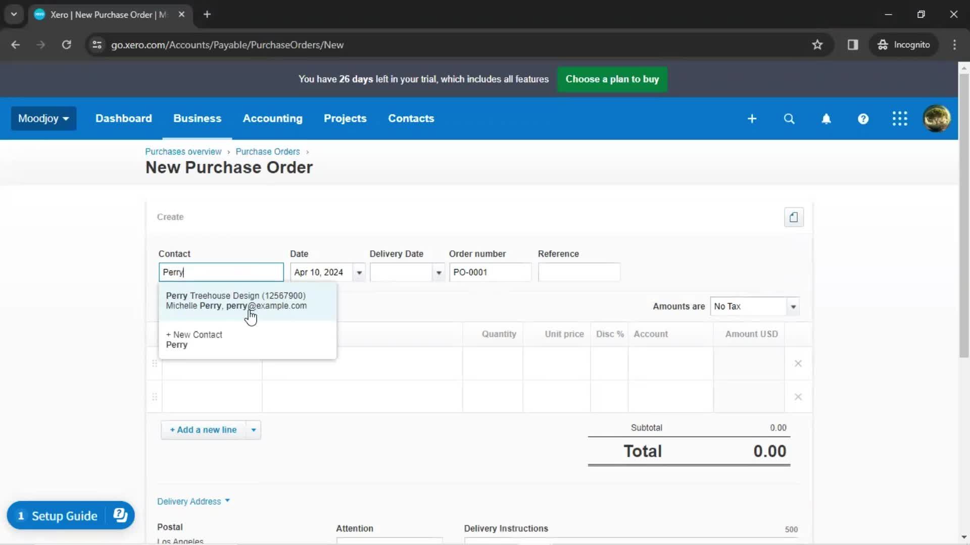 Creating a purchase order screenshot