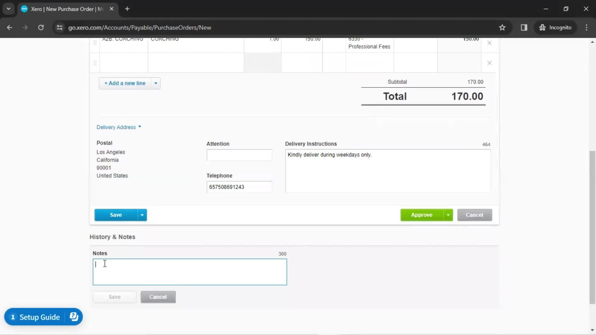 Creating a purchase order screenshot