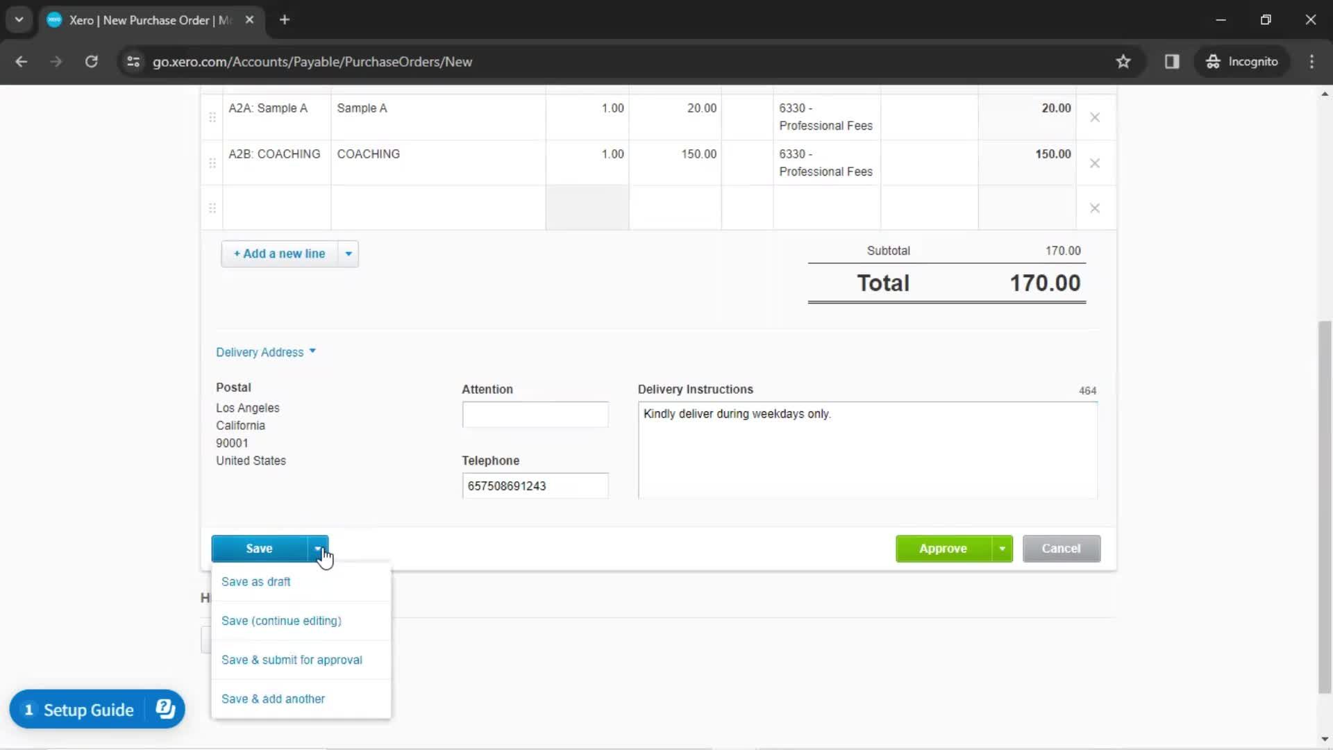 Creating a purchase order screenshot